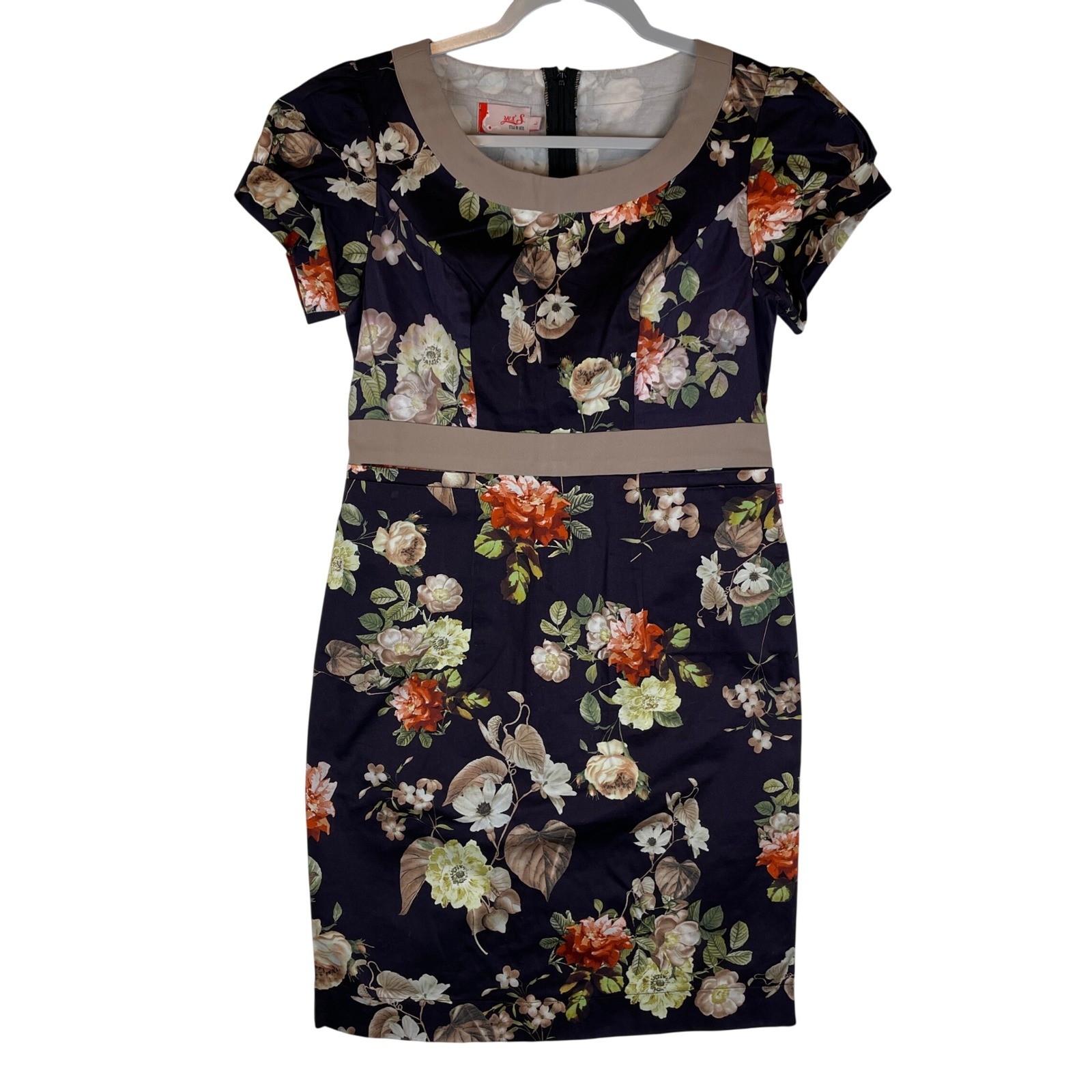Yes’S Style by Yess Floral Sheath Dress Navy Tan Contrast Band Short Sleeve L