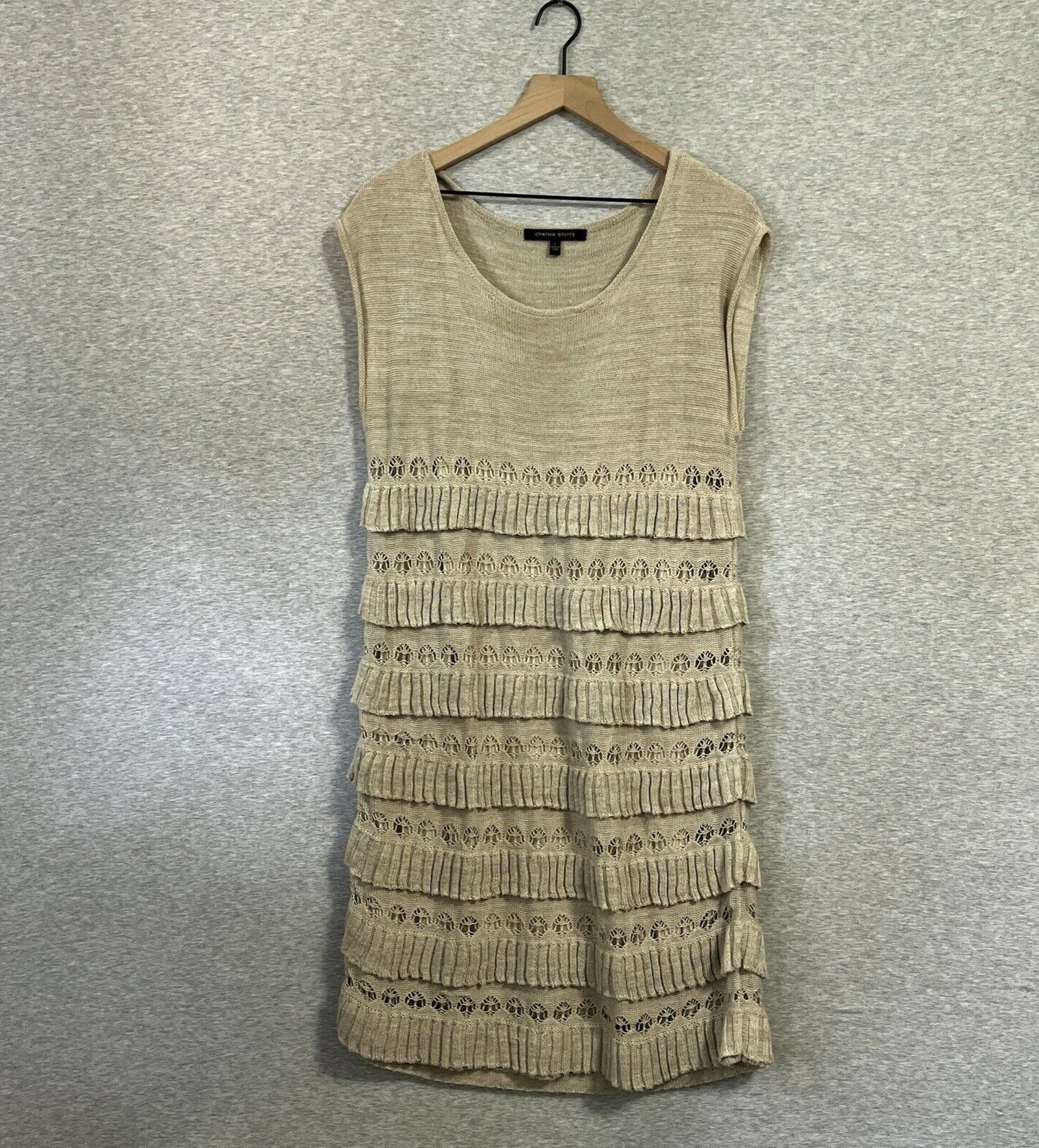 Cynthia Steffe Dress Womens Large Tan Tiered Ruffle Knit Flapper Sleeveless