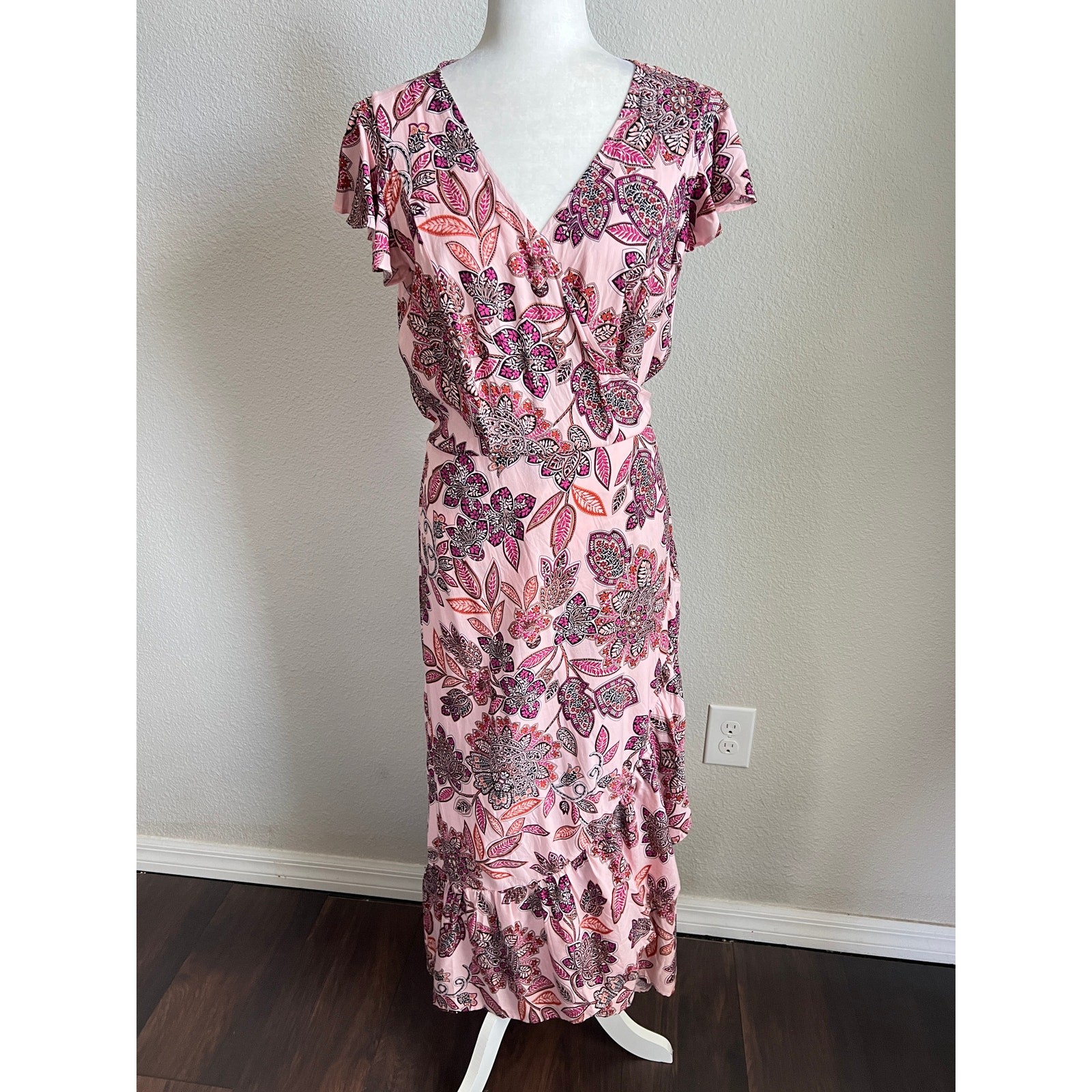 Proud Poppy Pink Floral Wrap Maxi Dress Womens 8 Ruffle Short Sleeve Lightweight