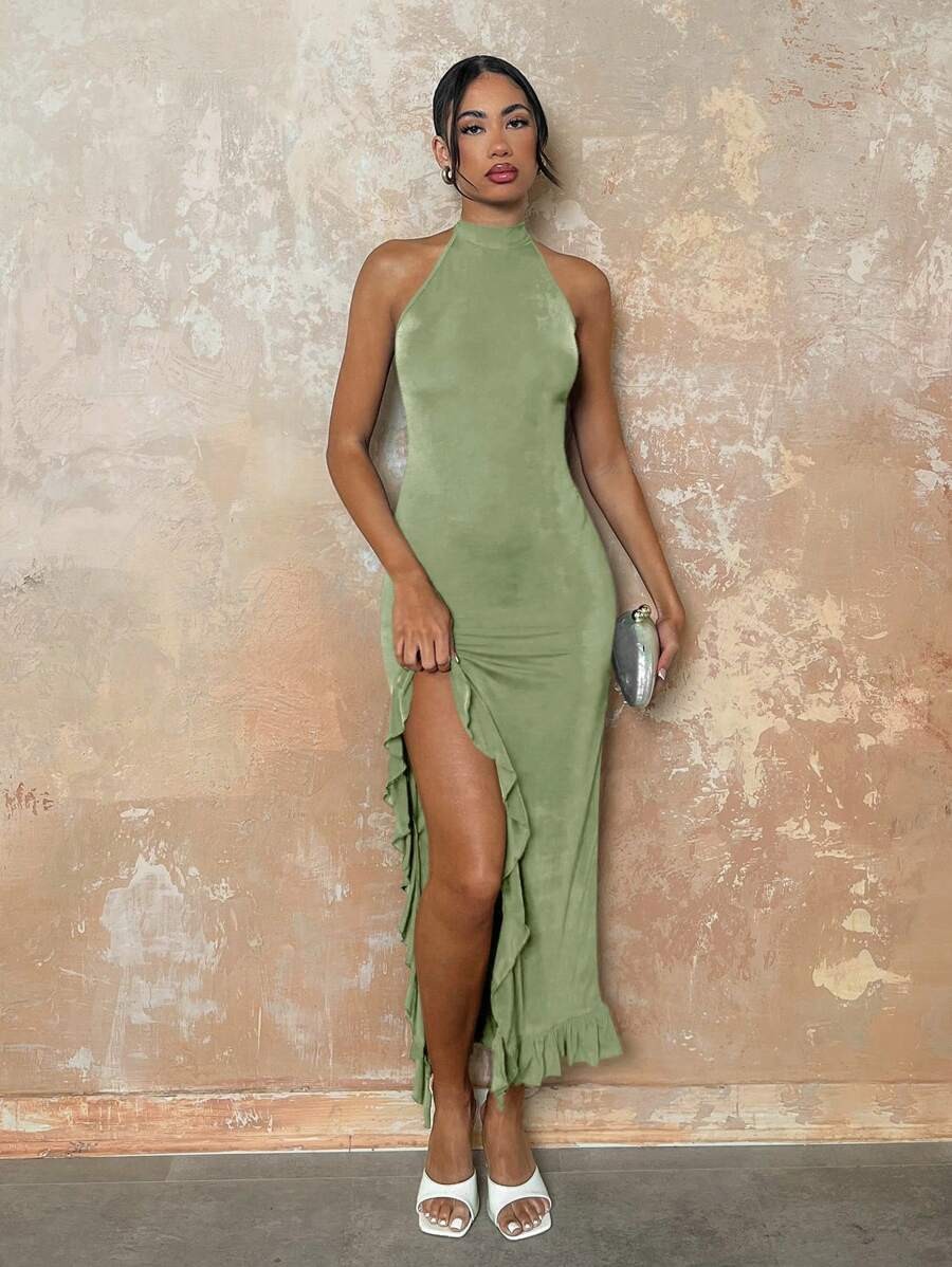 Elegant Halter Maxi Dress Backless Ruffle Bodycon Split Thigh Party Gown