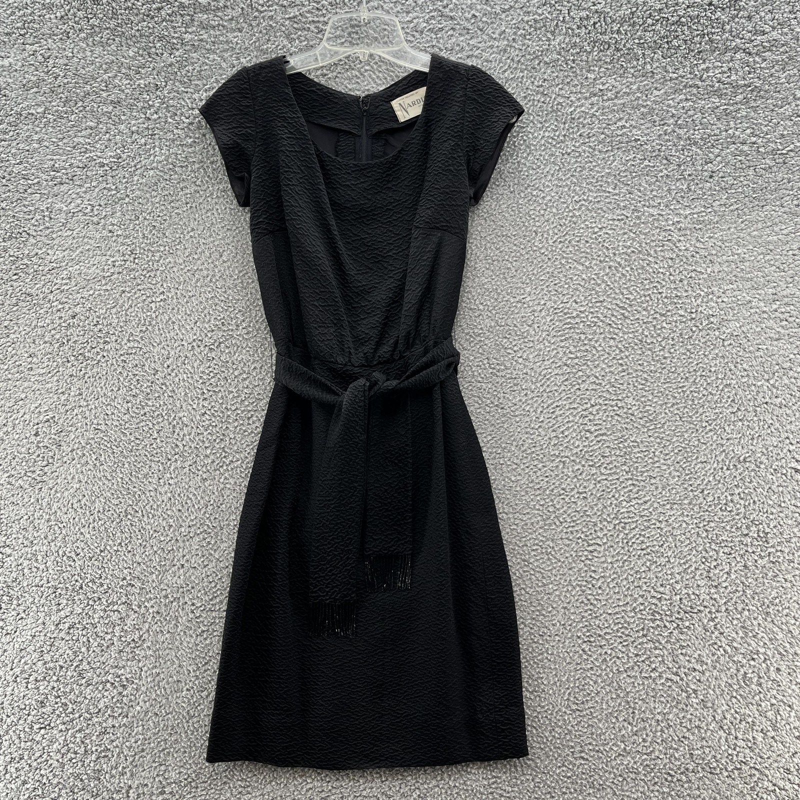 VTG 60s Nardis of Dallas Dress Small Black Textured Beaded Fringe Belt Retro LBD