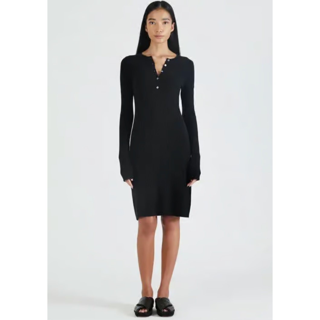 ATM Size XS Wide Ribbed Henley Midi Dress Long Sleeve Wool Cashmere Blend Black