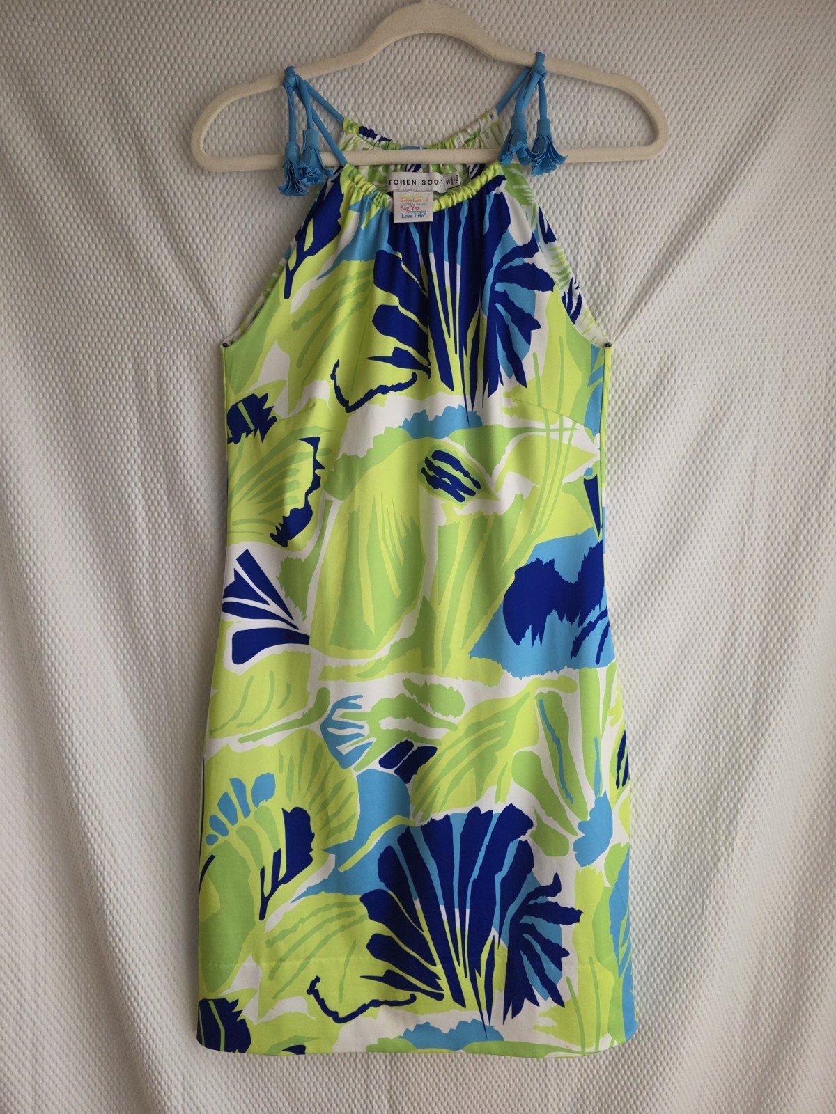 Gretchen Scott Tassel Tie Resortwear Halter Dress Green Blue Print Size S