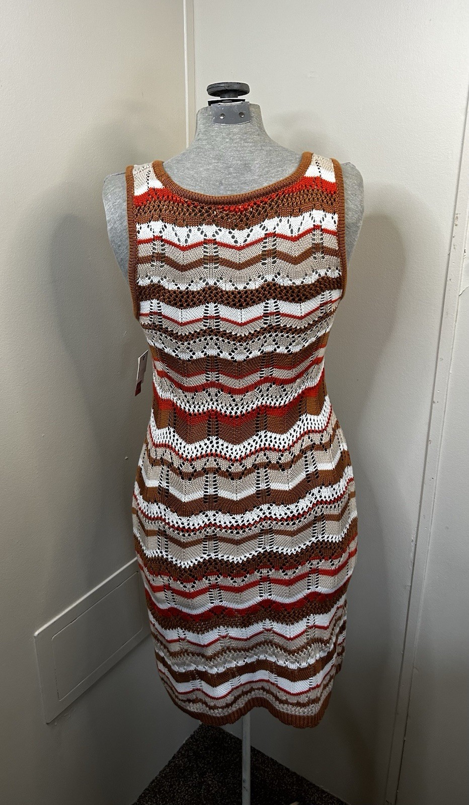 New Brown/White/Red Chevron Striped Crocheted Dress