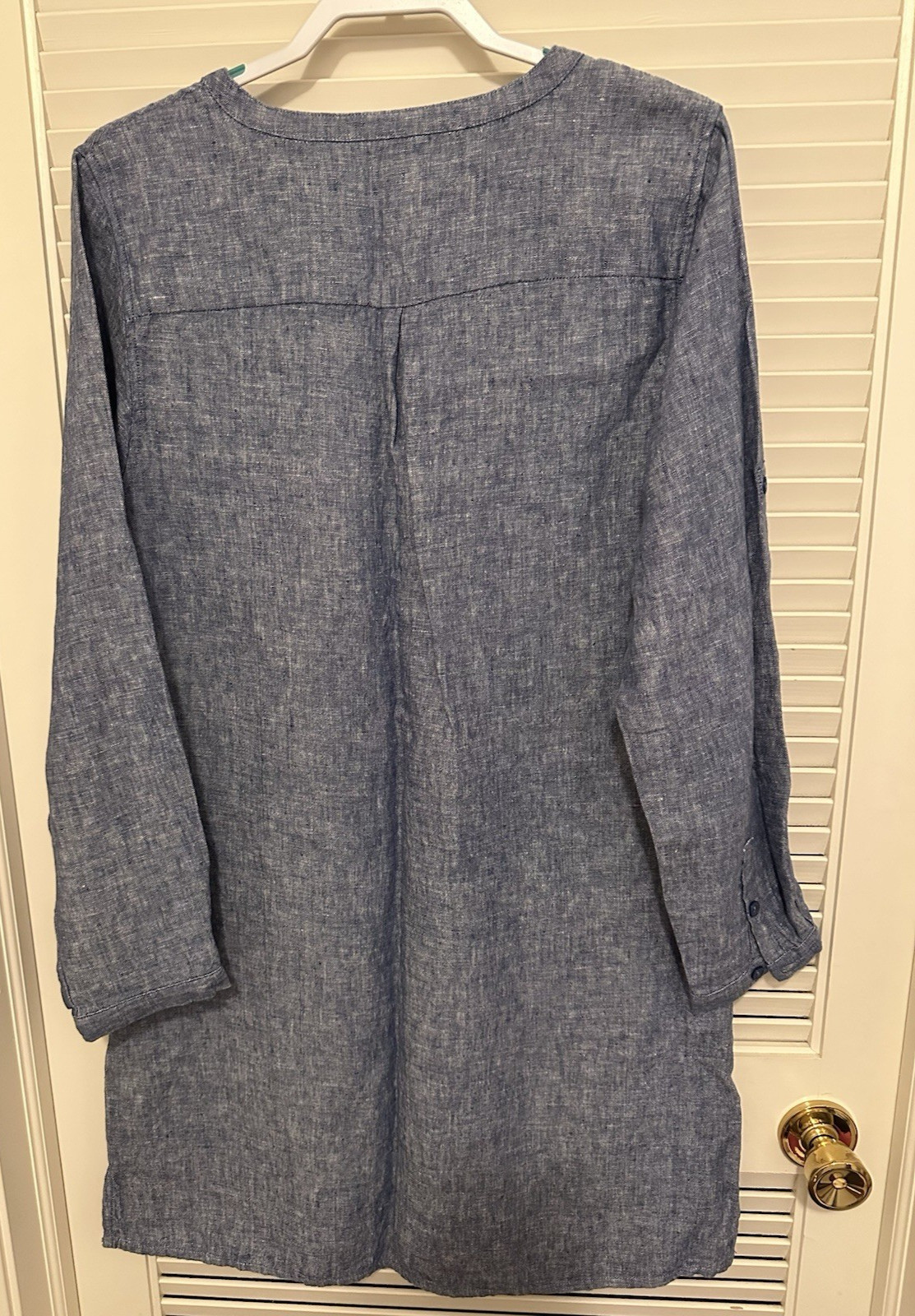 Garnet Hill 100% Linen Henley Pullover Dress Chambray Blue Roll Tab Sleeve sz 16