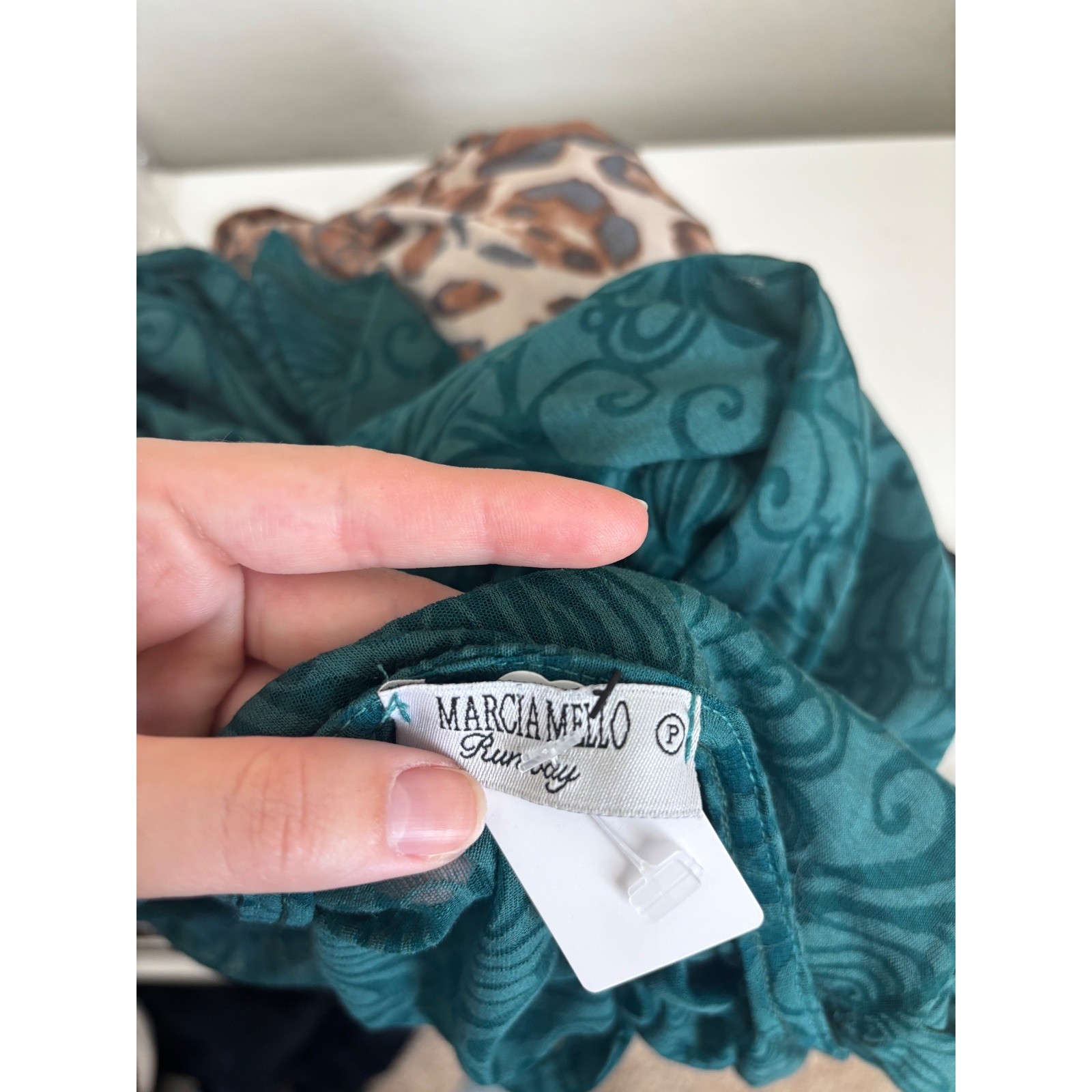 Marcia Mello Runway Teal Green Burnout Damask Wrap Style Dress V-Neck Sleeve P