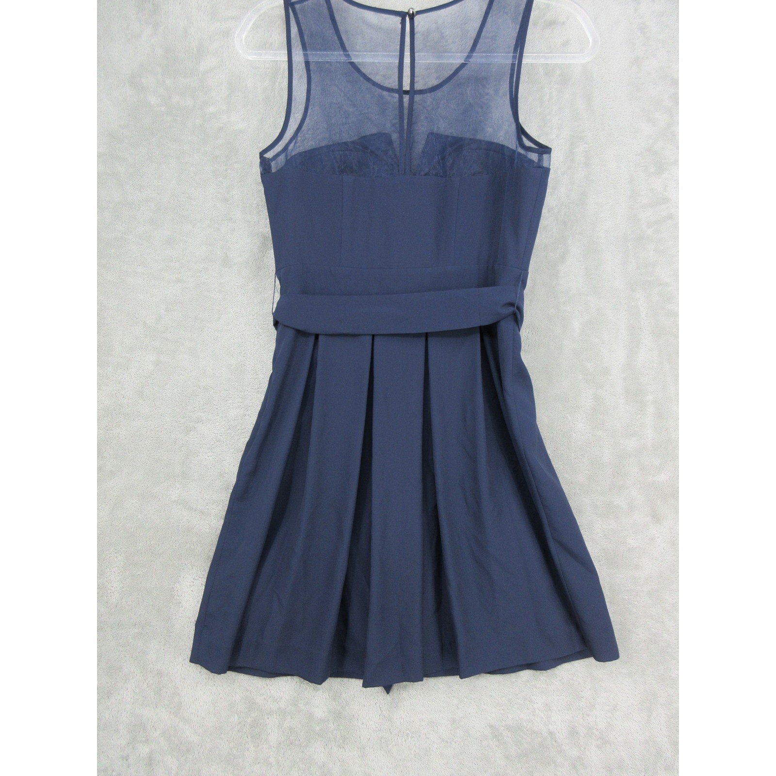 GUESS Dress Womens 2 Sheer Neckline Pleated Party Belted Navy Blue Event Zip