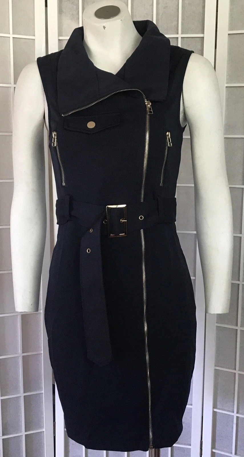 NWT Asymmetric Moto Belted Zip Navy M Dress Gold Tones Sleeveless Sheath Biker