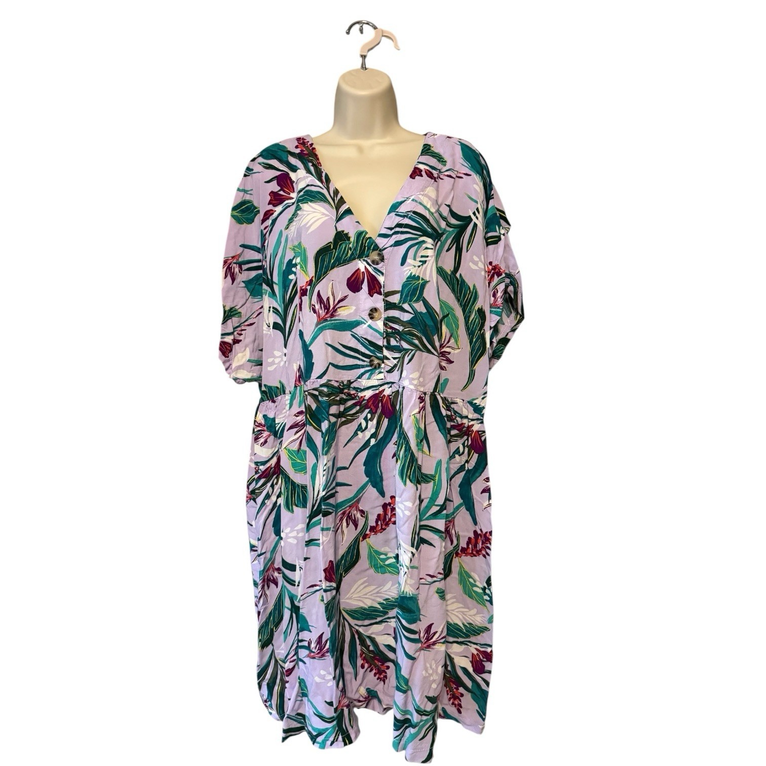 Terra & Sky 3X Tropical Floral Rayon Midi Dress Plus Size 24W-26W Button Front