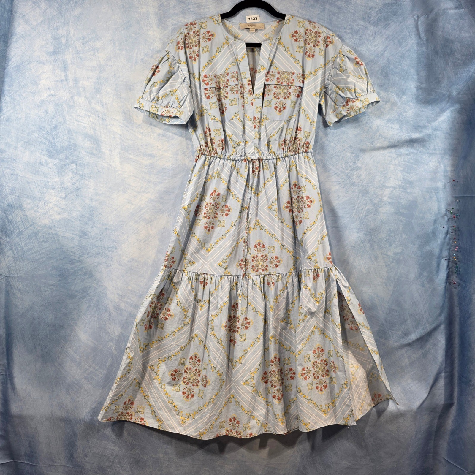 Loft Petites Light Blue Floral Tile Print Tiered Midi Dress XSP Short Puff Sleev