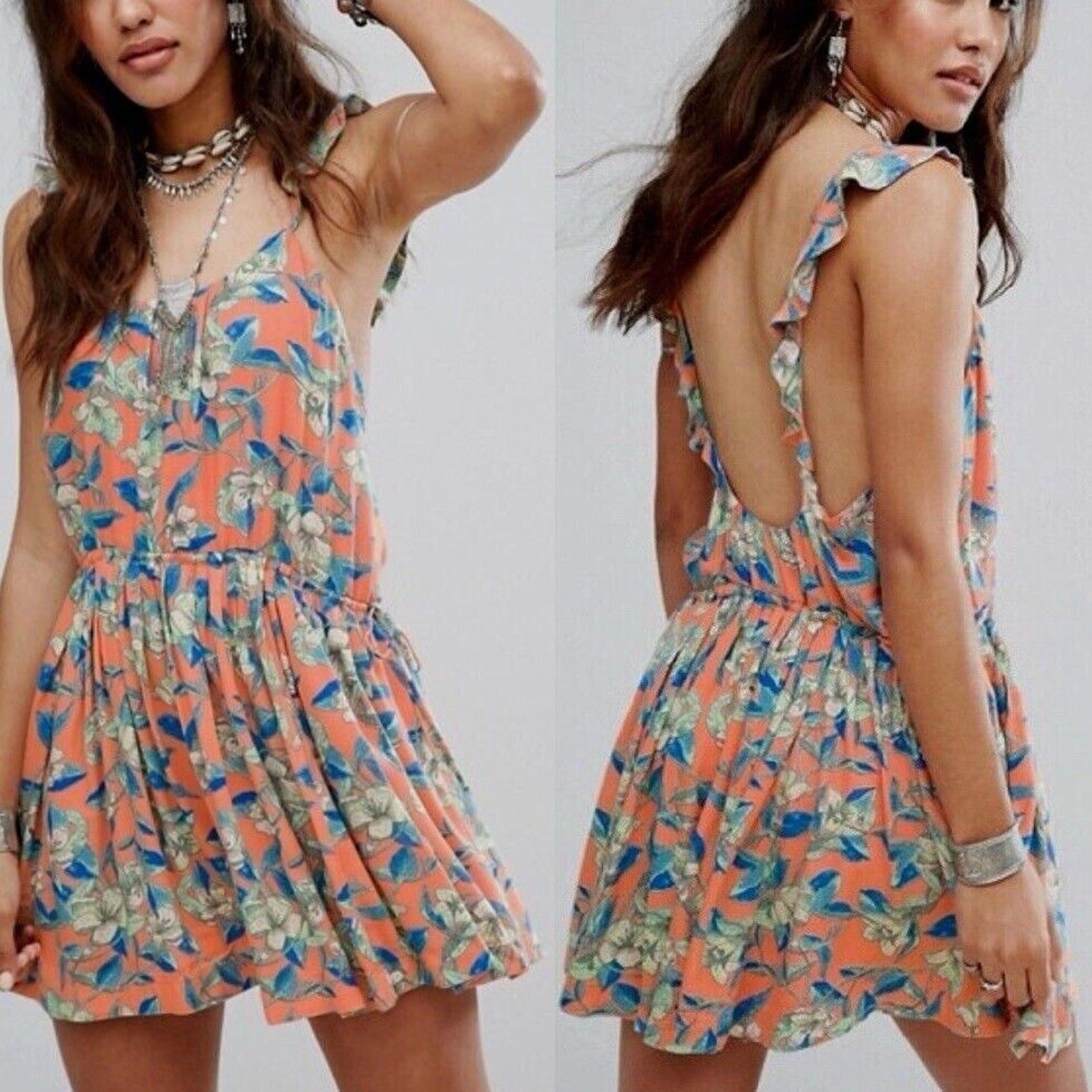 Free People Floral Dear You Babydoll Mini Dress Backless Tropical Cottage Indie