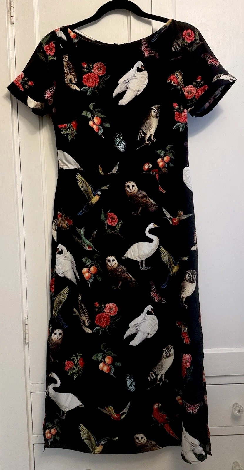 EShakti Size 4 EUC Whimsical Bird Owl Swan Print Midi Dress Black V-Neck Pockets