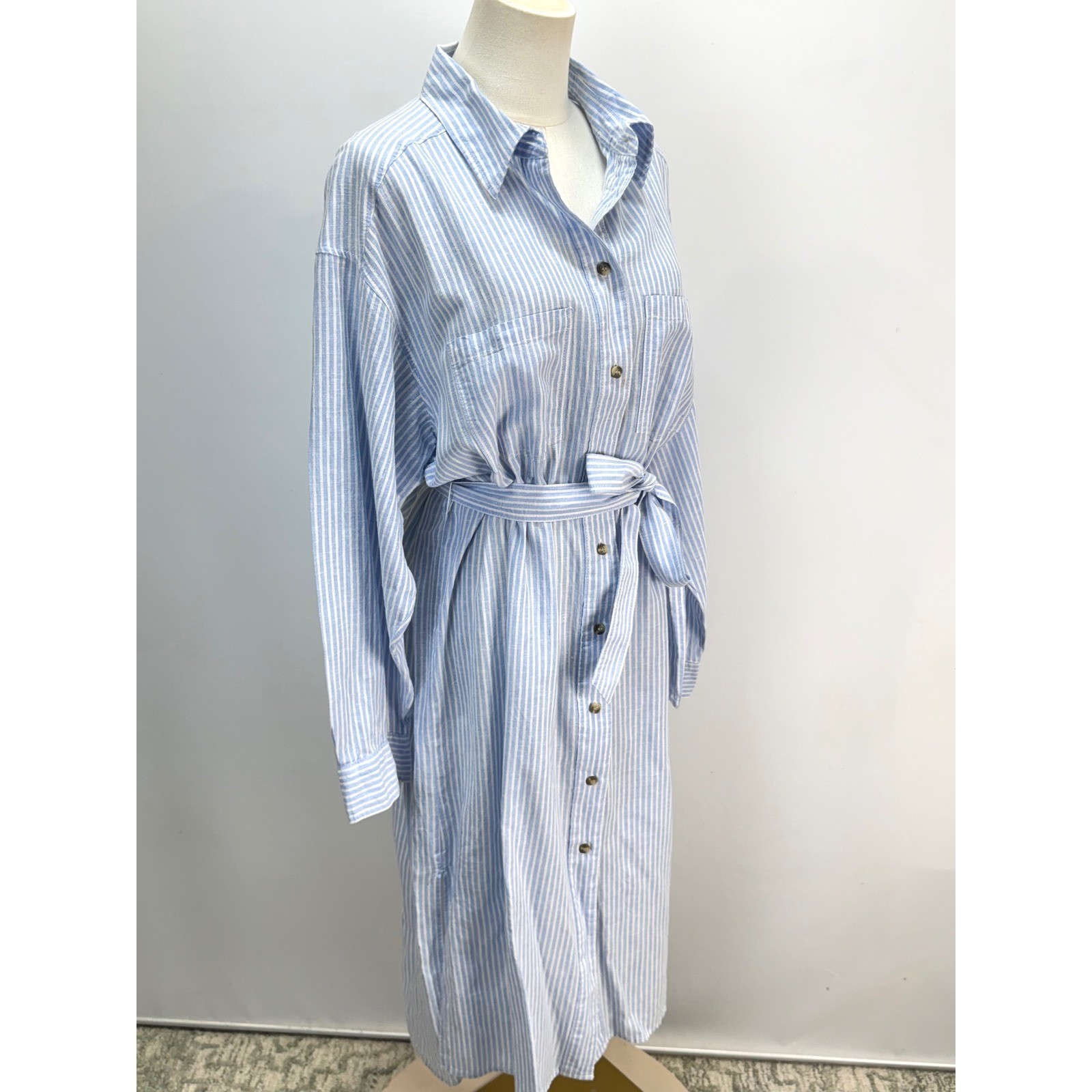 H&M Light Blue White Striped Button Down Midi Shirt Dress with Tie Waist Belt