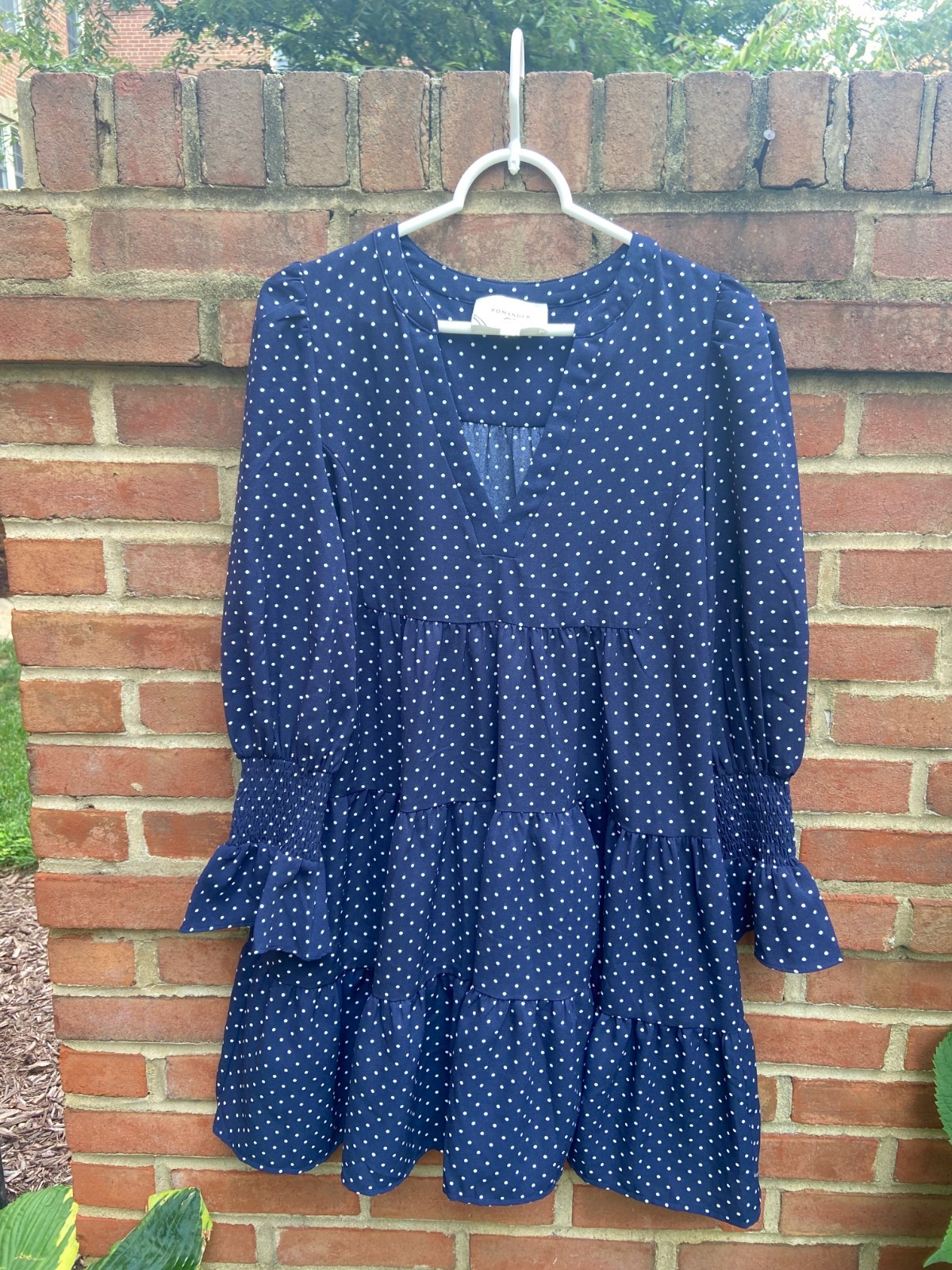 Tuckernuck Pomander Place Dress Small Navy Blue w/ white Dots Ruffle Tiered Mini