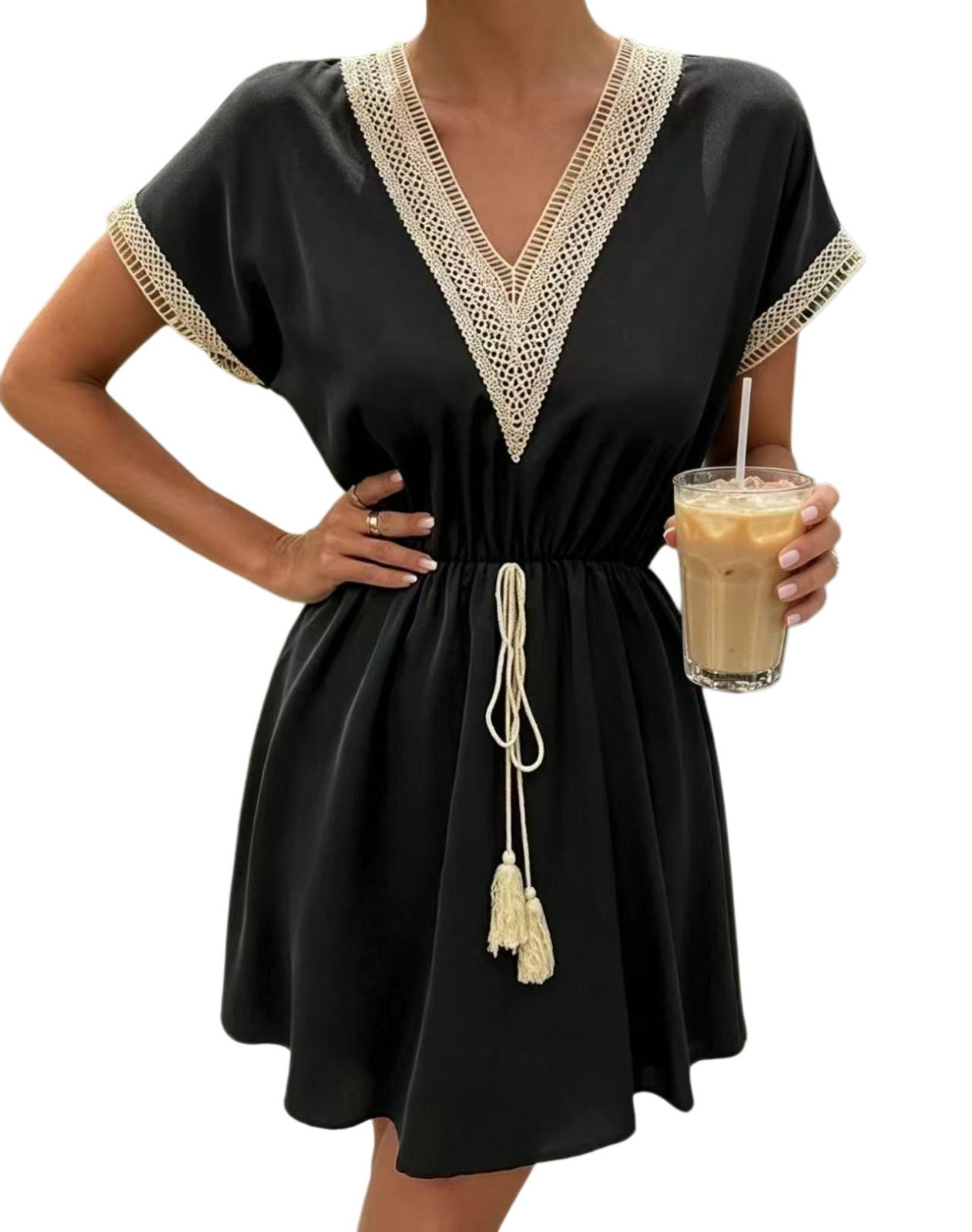 V Neck Lace Summer DRESS SOLID Short Sleeve SWEET A Line Party Sundress S-3XL