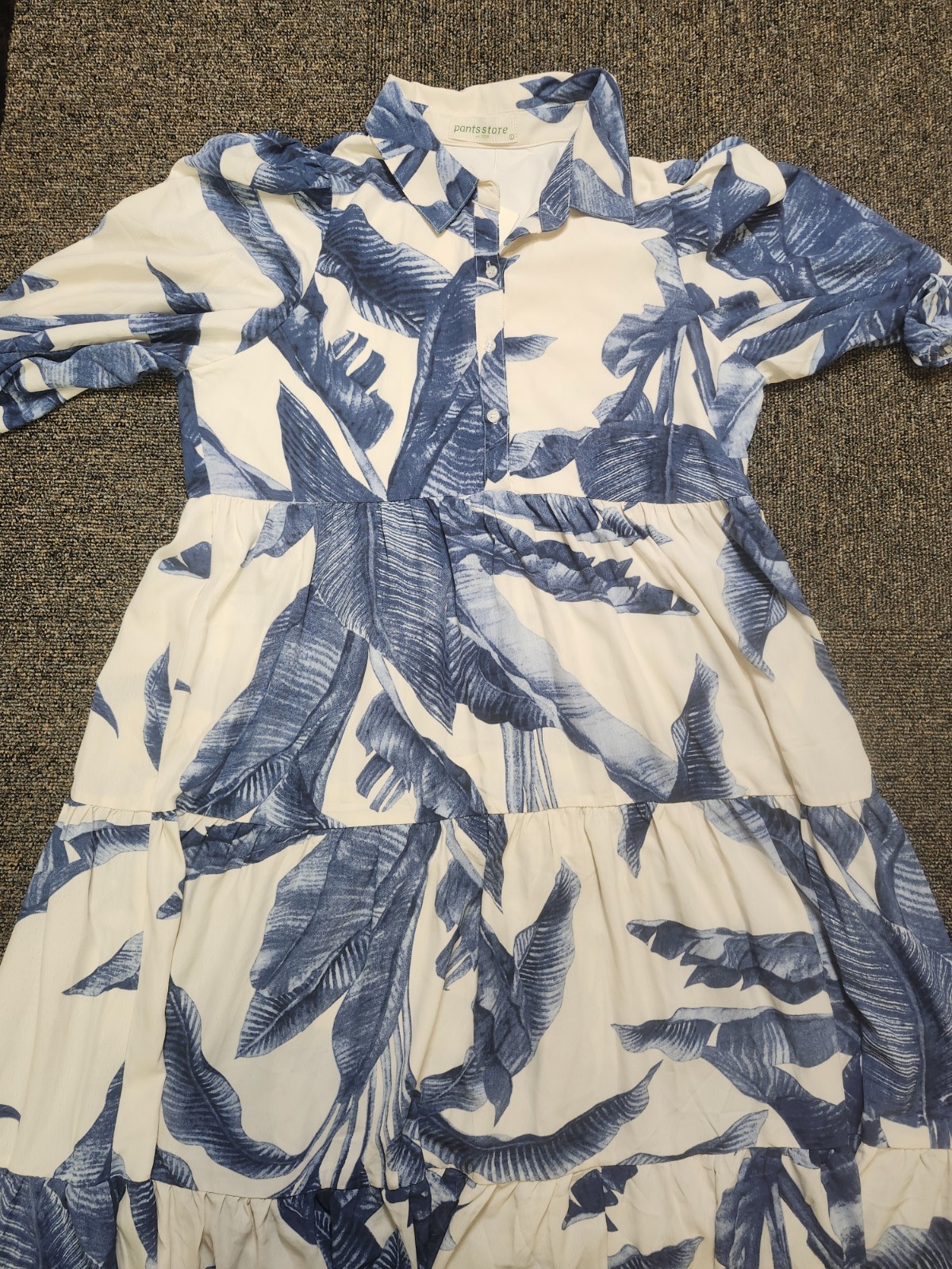 Pants Store Women’s Large Blue White Tropical Leaf Tiered Midi Dress NWT L