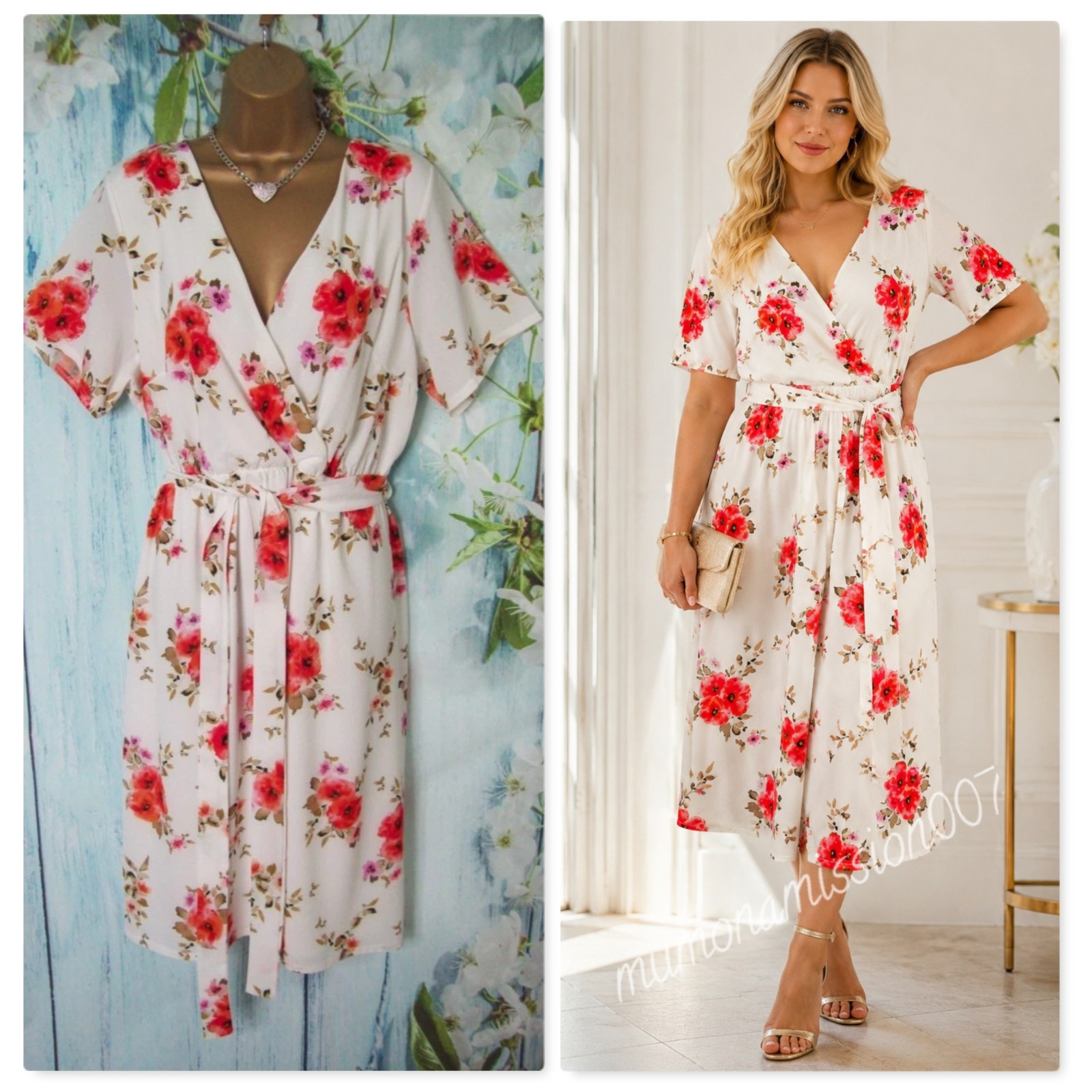 New Yours London Floral Wrap Dress UK 22 Midi Occasion Wedding Guest Tie Belt