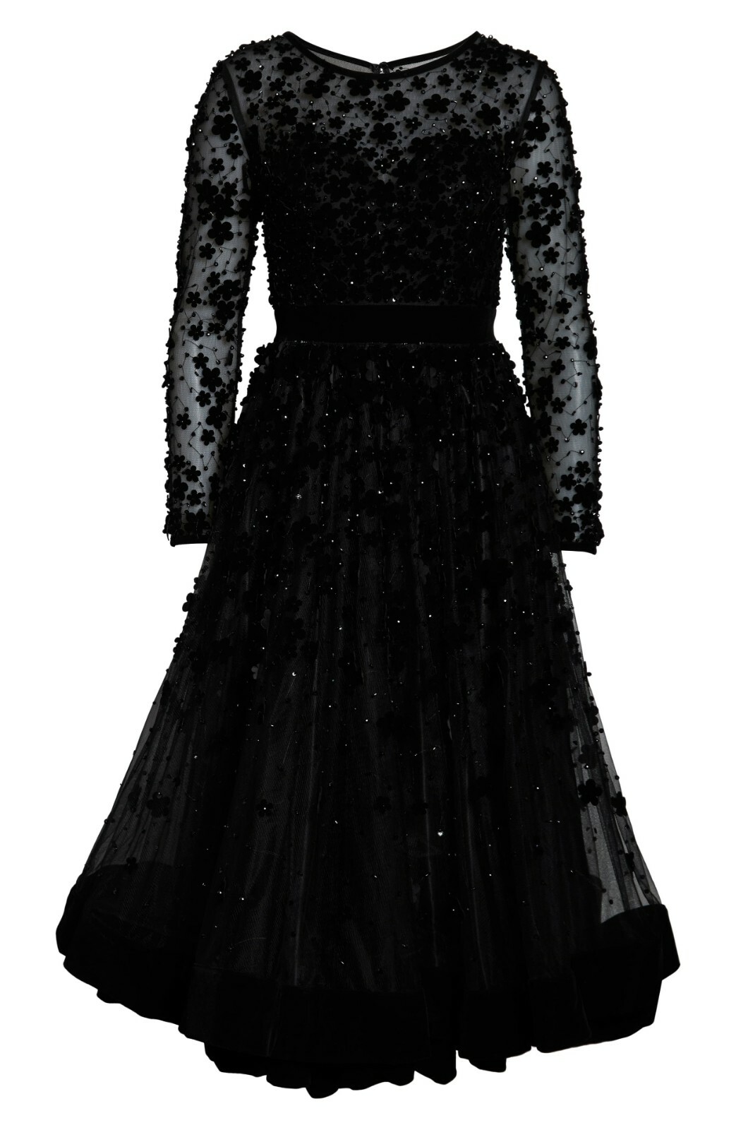 MAC DUGGAL 67007D Black Floral 3D Luxe Velvet Sheer Long Sleeve Tea Dress 10 US