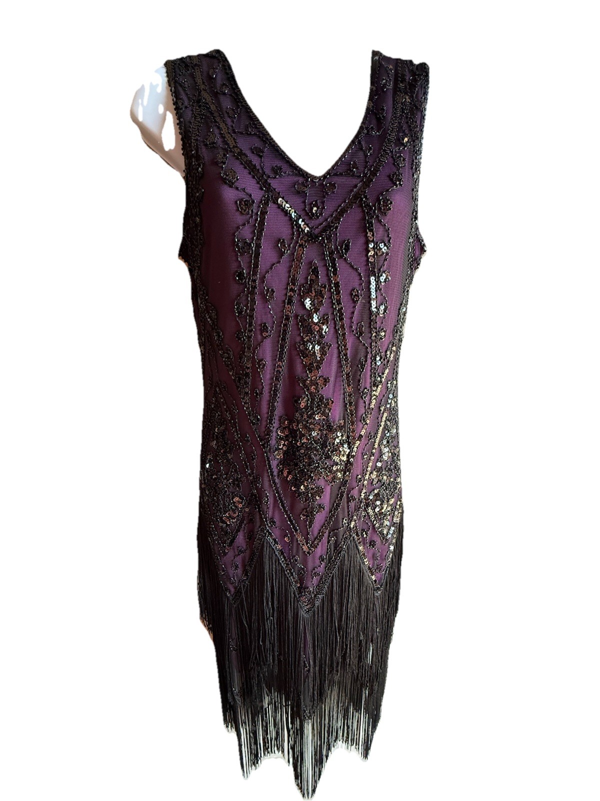 PrettyGuide Sequin Fringe Cocktail Midi Dress Size L Gatsby Glam Flapper Purple