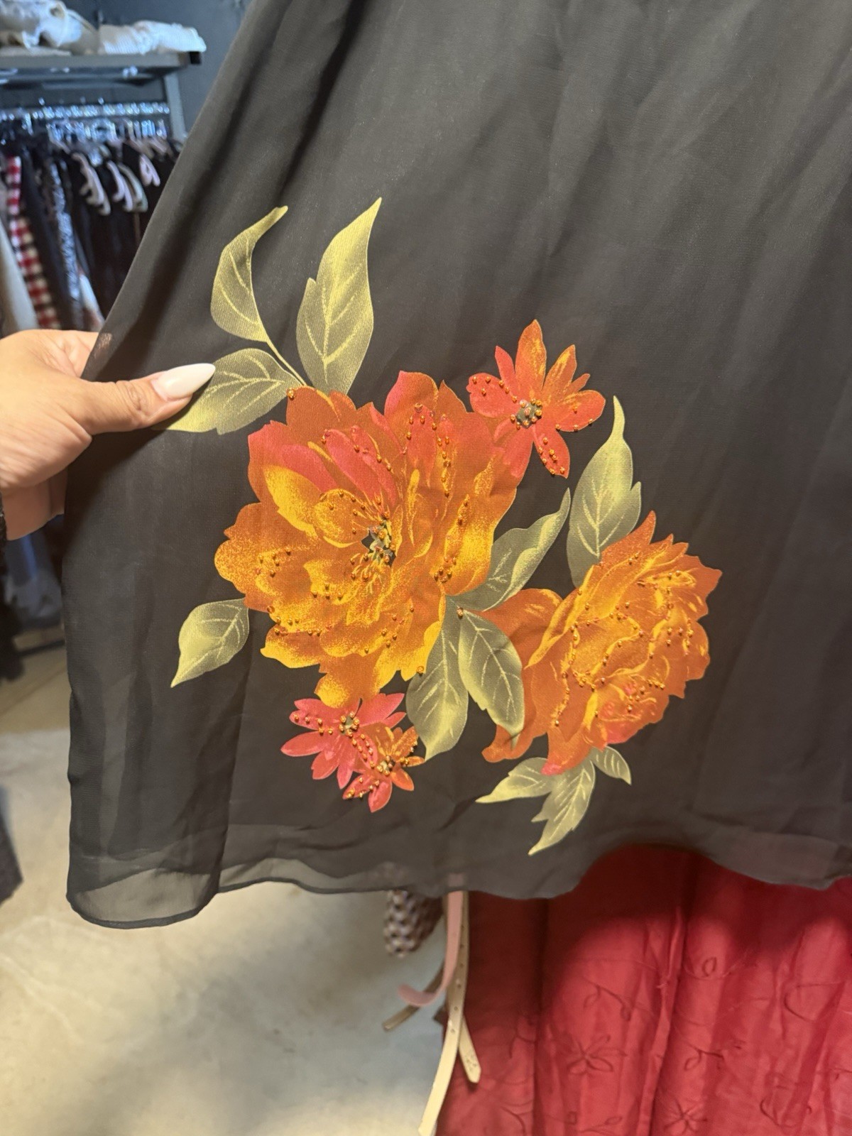 JBS Black Sleeveless Mini Dress With Orange Floral Details And Few Sparkles