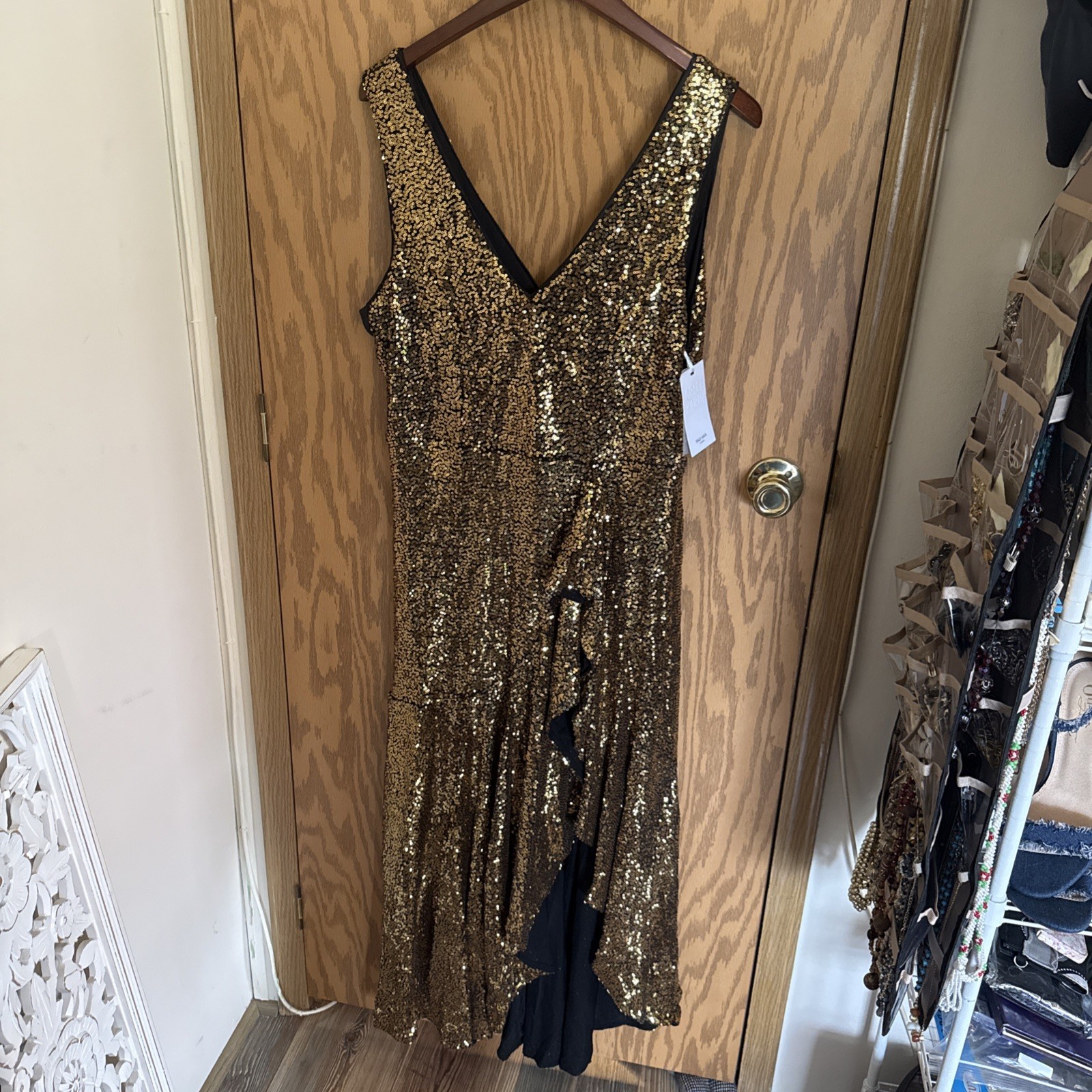 Grace Karin Dress Gold Sequin Sleeveless Ruffle Slit Super Pretty Large