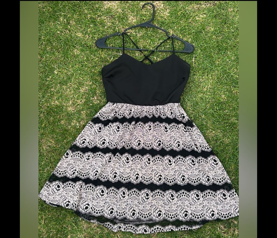 GLARE Black Silver Metallic Lace Skater Dress Crisscross Back Cocktail Party SXS