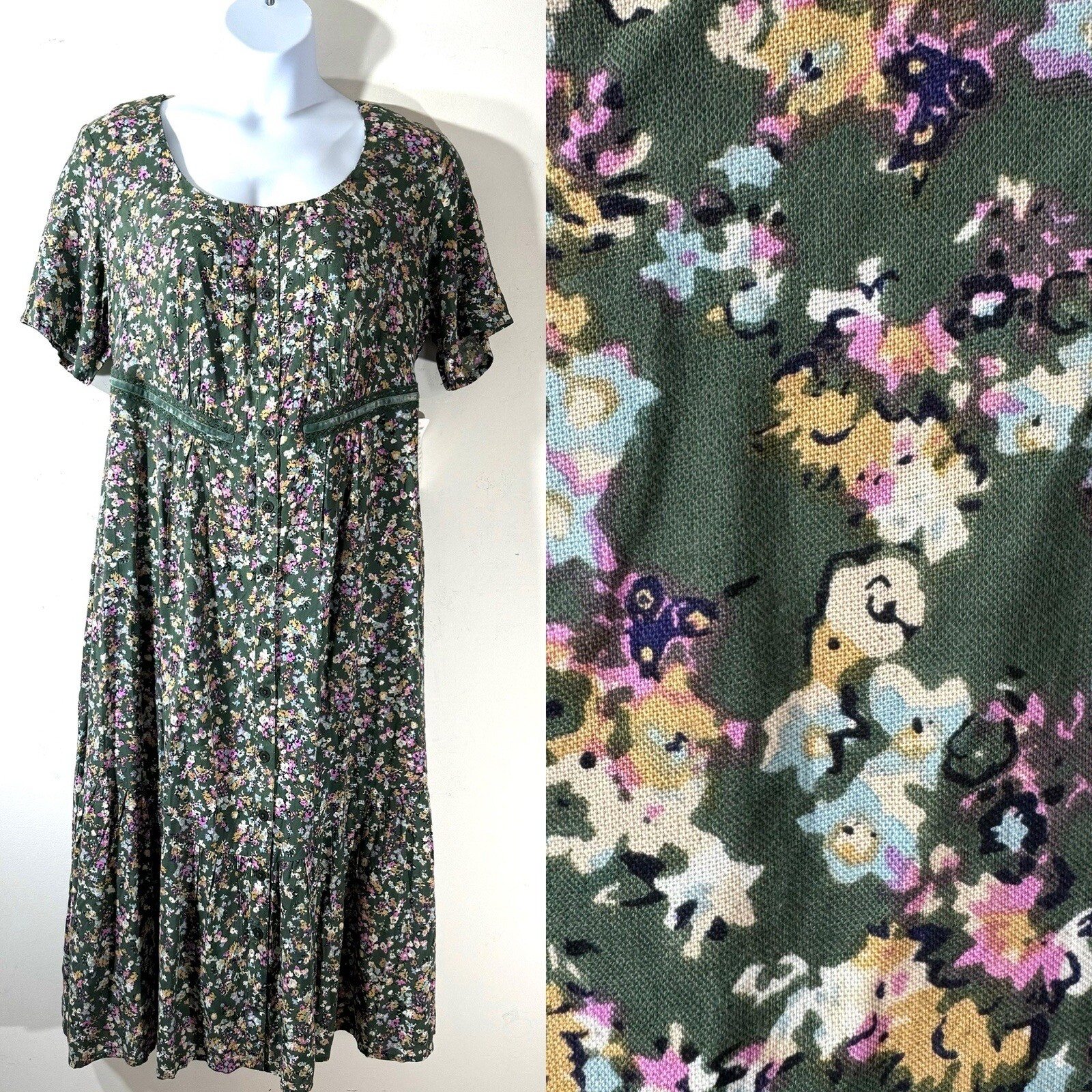 SOFT FOCUS Maxi Dress Sz 14 W Cottage Core Green Floral Button Front Modest NEW