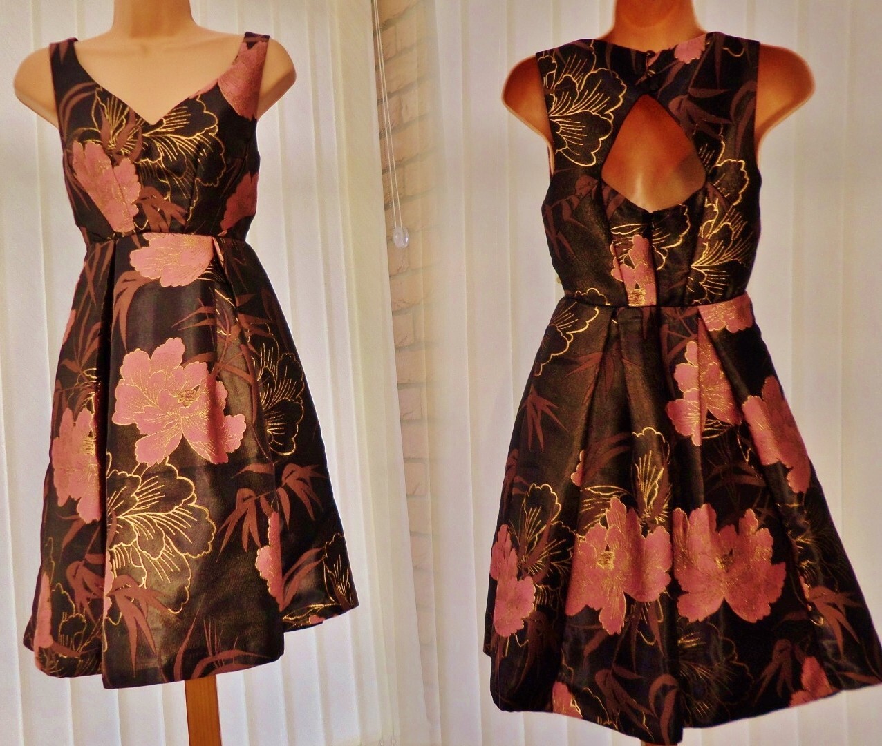MONSOON WREN BLACK GOLD PINK FLORAL JACQUARD FLARE 50’S COCKTAIL DRESS 8 BNWT
