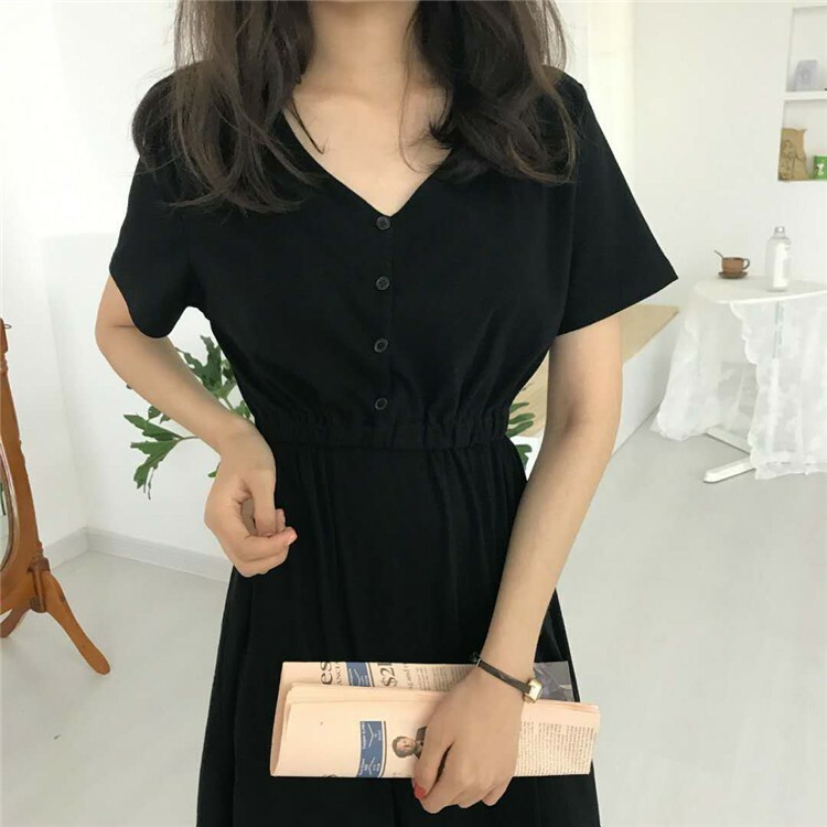 Korean Women Black  Dress Knee Length New