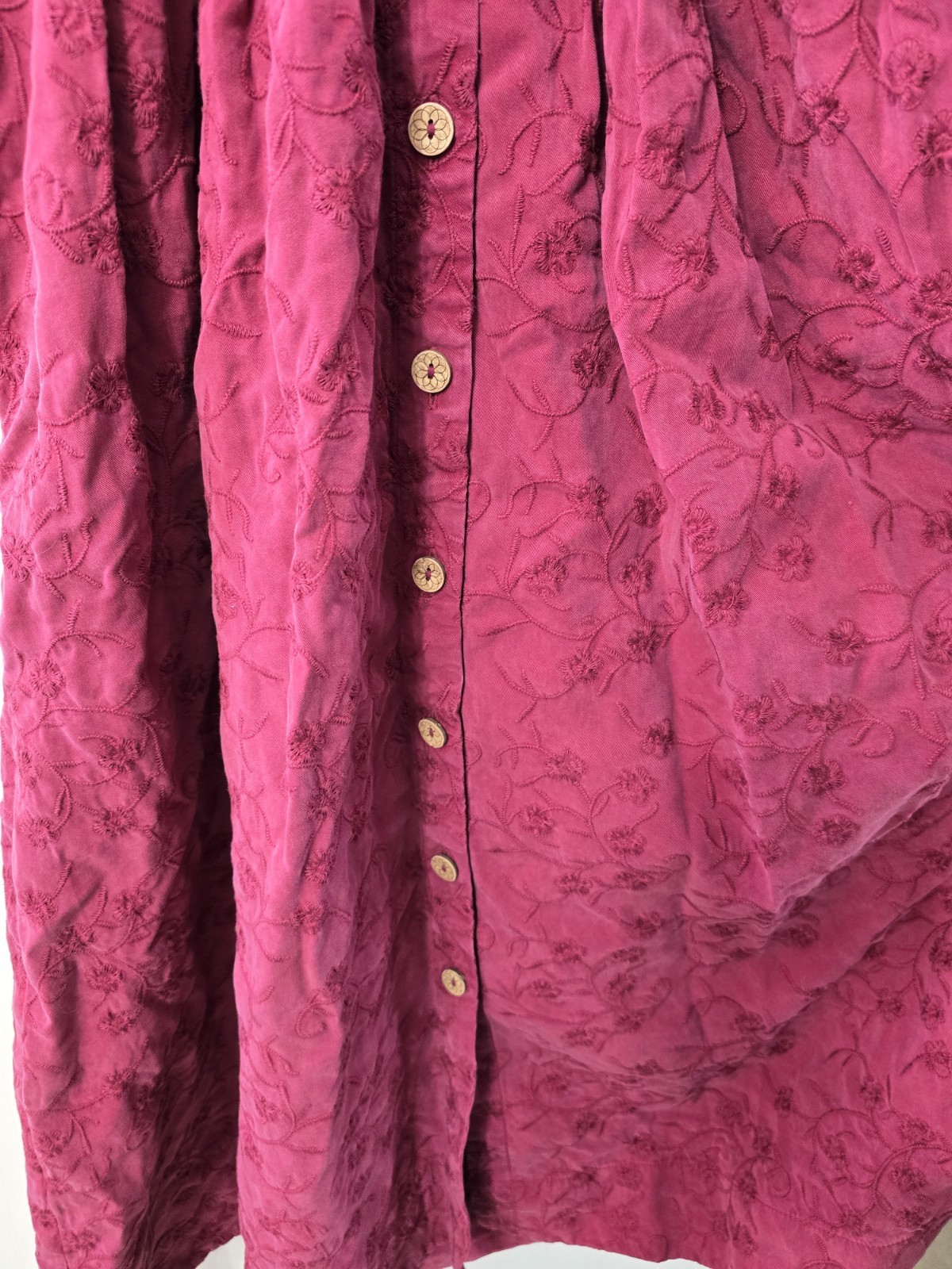 Soft Surroundings Embroidered SS Short Sleeve Tencel Midi Shirtdress Rich Berry