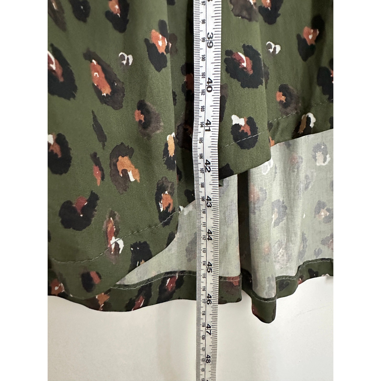 Brooke Wright Dress Womens XS/S Midi Olive Green Leopard Print Bow Neck Ruffle
