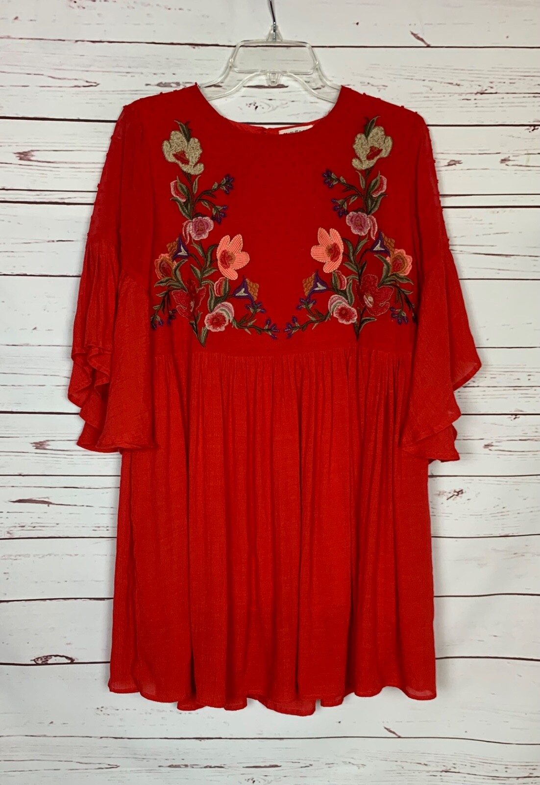 Umgee USA Boutique Women’s S Small Red Floral Embroidered Ruffle Sleeve Dress