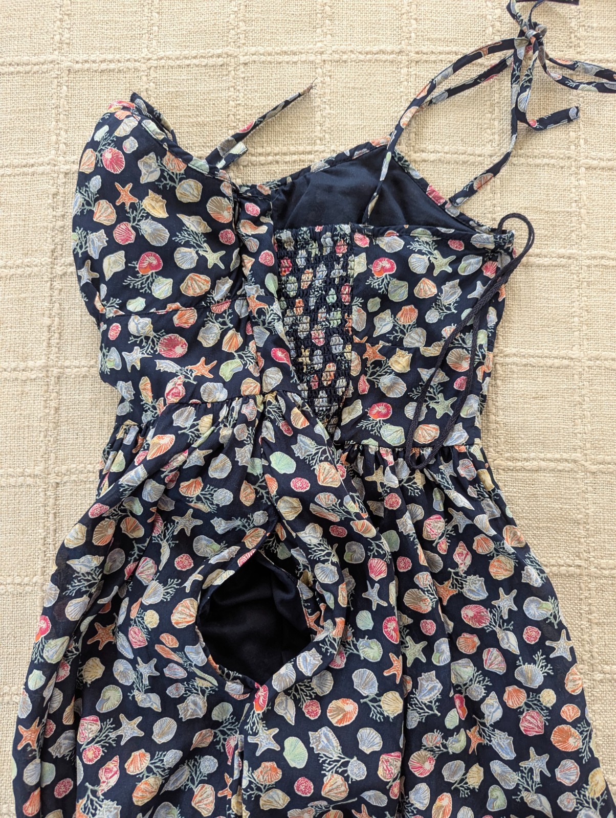 GAP S Maxi Dress Tie Shoulder Shell Print Pockets Rayon Cotton Smocked Back