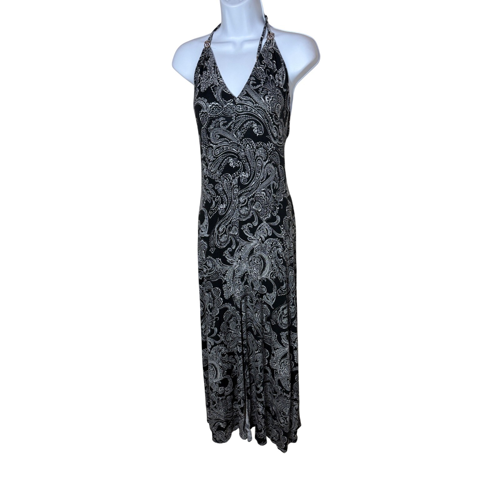 Victoria’s Secret Black White Paisley Halter Maxi Dress XS Open Back Slit