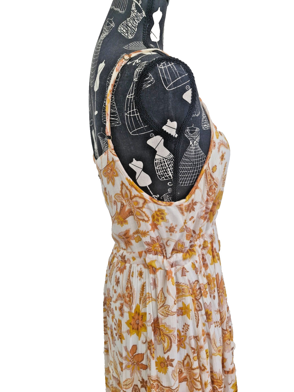 Ghanda Cotton Midi Dress Womens S White Orange Floral Button Tie Waist