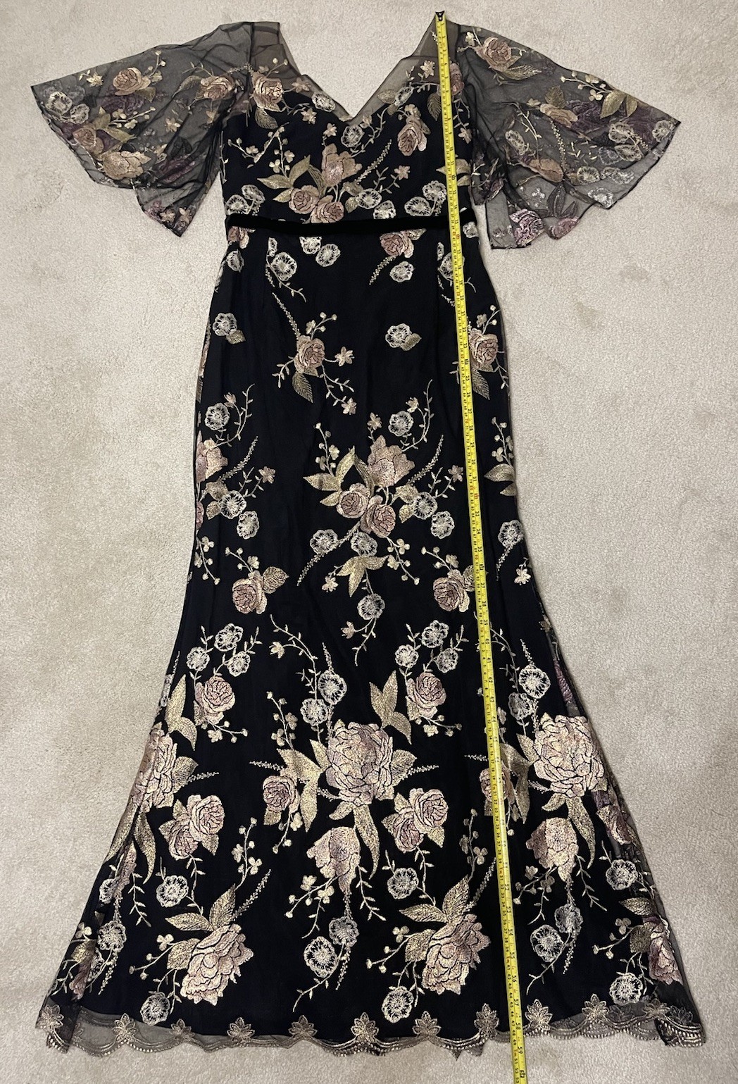 Marchesa Notte Floral Embroidered Gown Black Gold Pink Sheer Cape Sleeve Size 10