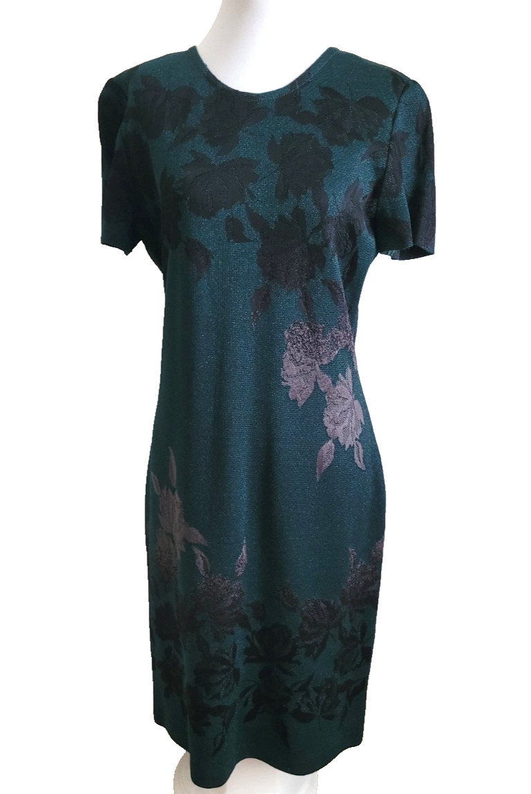 ST. JOHN Metallic Floral Knit Dress Emerald Multi Short Sleeve Black Label Sz 8