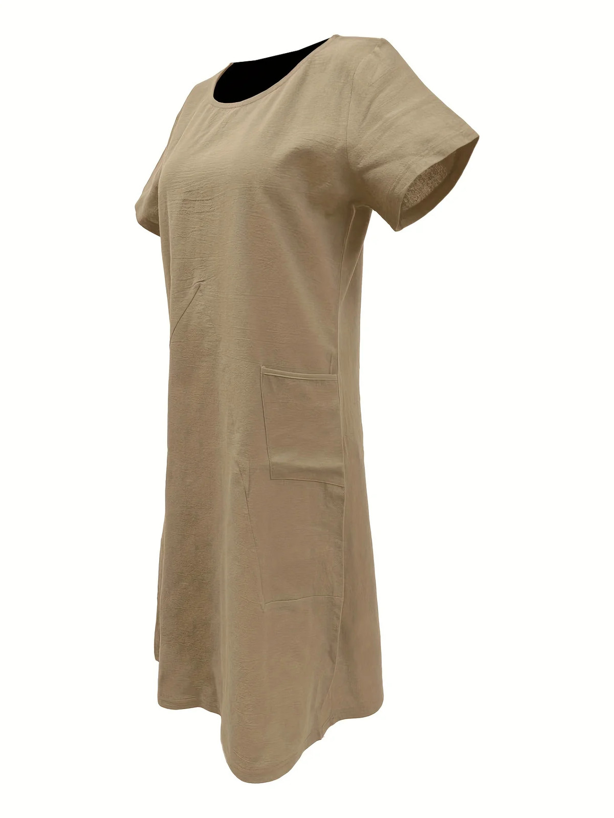 Women Round Neck Short Sleeve Double Pocket Loose Cotton Linen Knee Length Dress