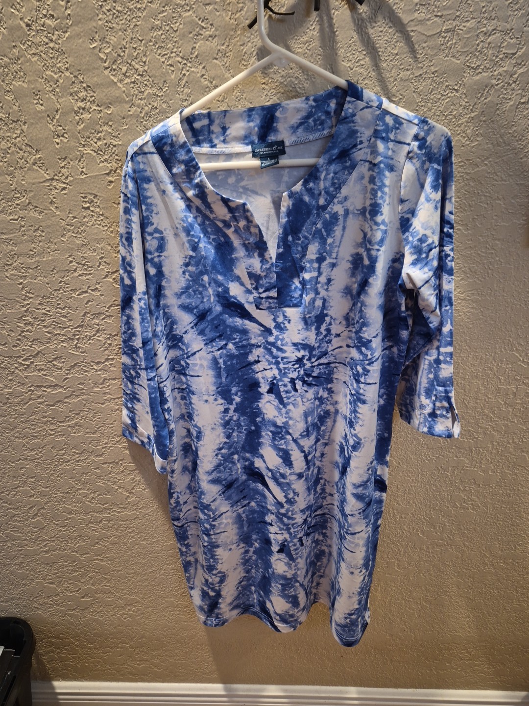 Euc CARIBBEAN JOE Island Supply Co Large Pullover DRESS V-neck 3/4 Sleeves BLUE
