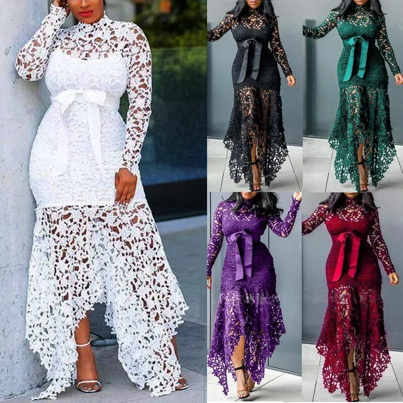Plus Size Long Sleve Dress Stunning Stand Collar Lace Up Dress