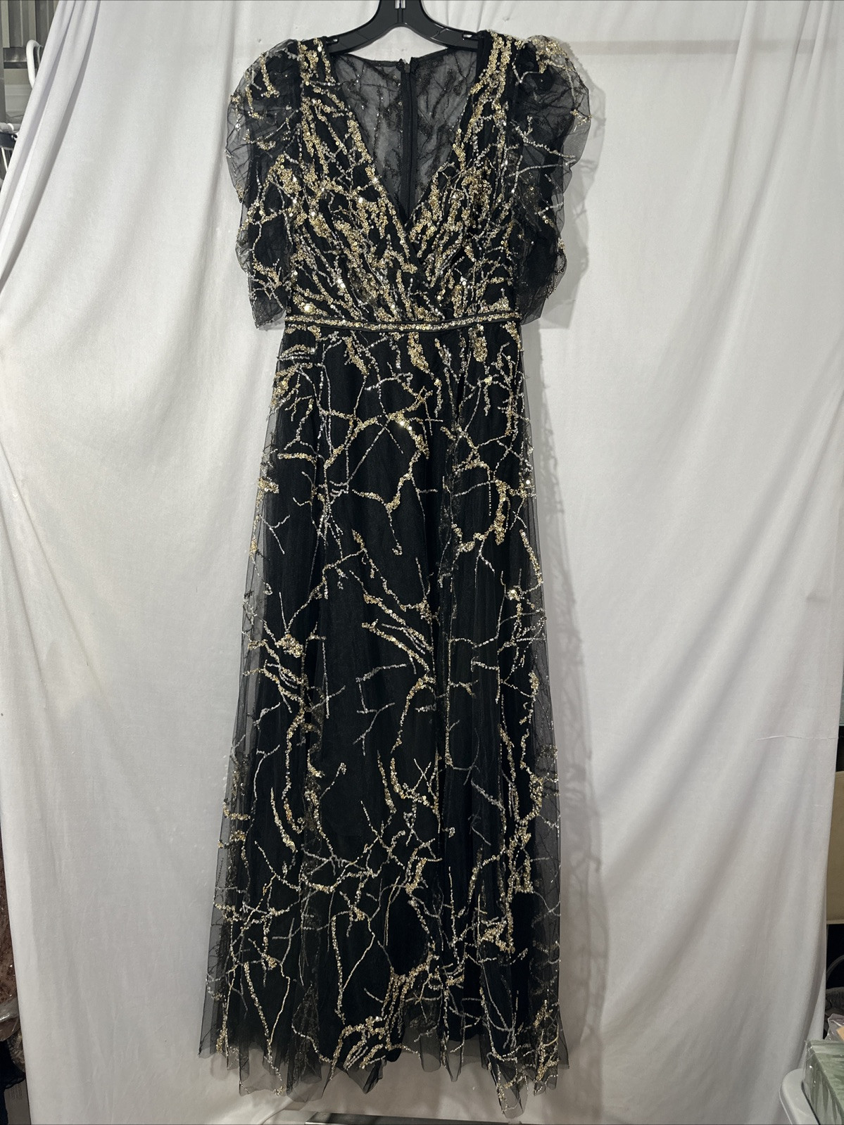 NWT Mac Duggal [ 8 ] 20428 Embellished Gathered Puff Sleeve Wrap Gown Blac J1484