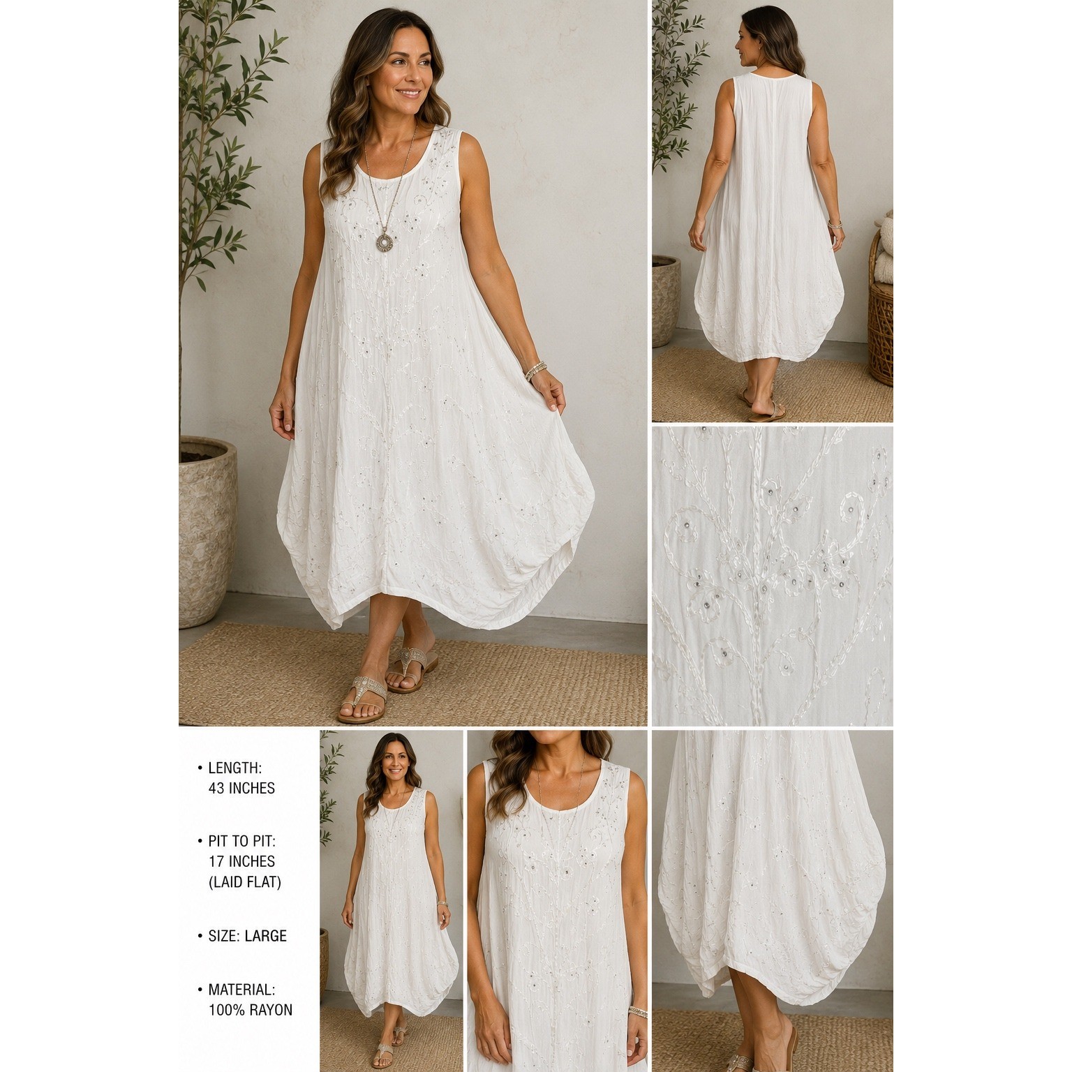 Seven Islands New York White Embroidered Sequin Sleeveless Rayon Midi Dress L