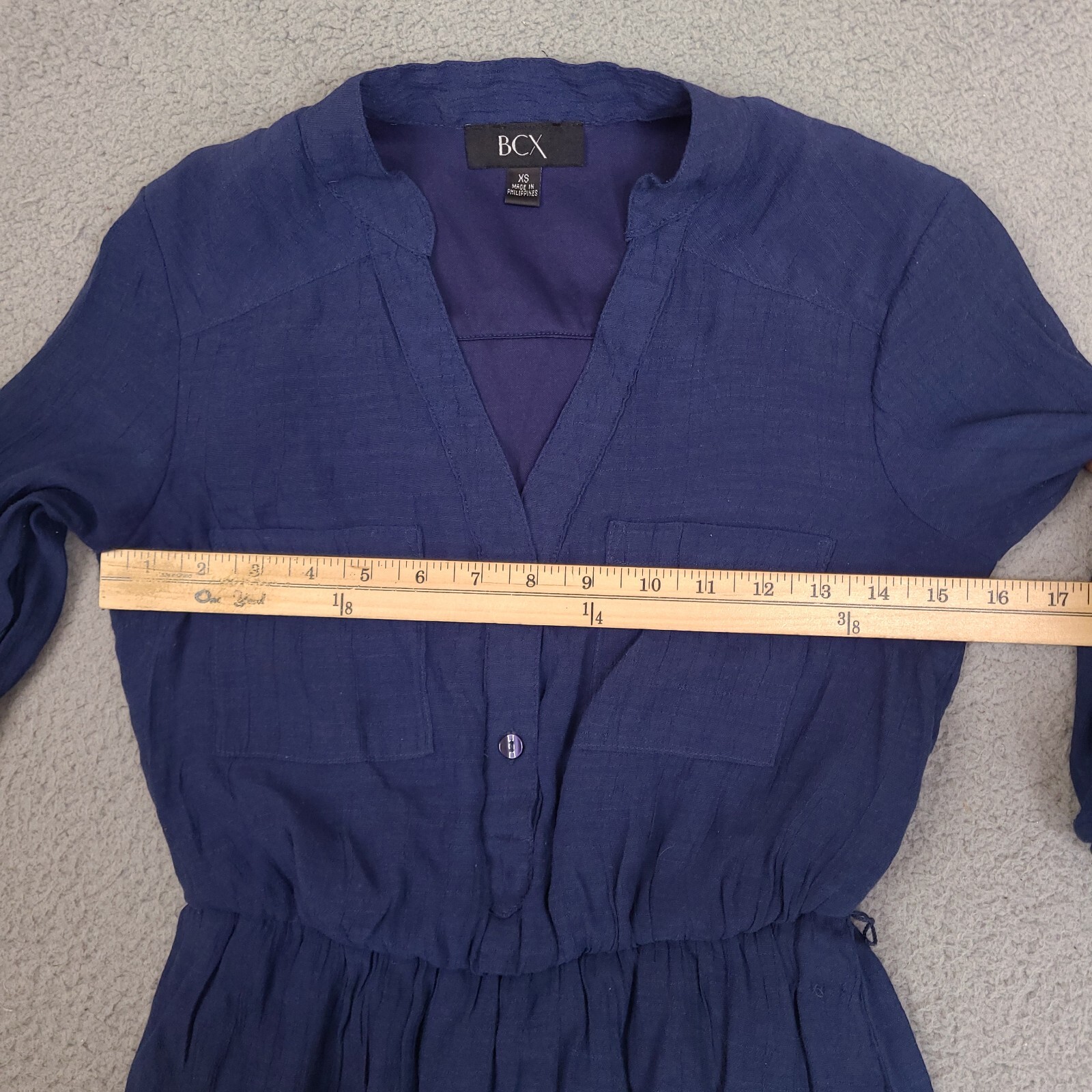 BCX Women’s Roll Tab Sleeve Button Up Dress Size XS Blue Rayon Blend Lined