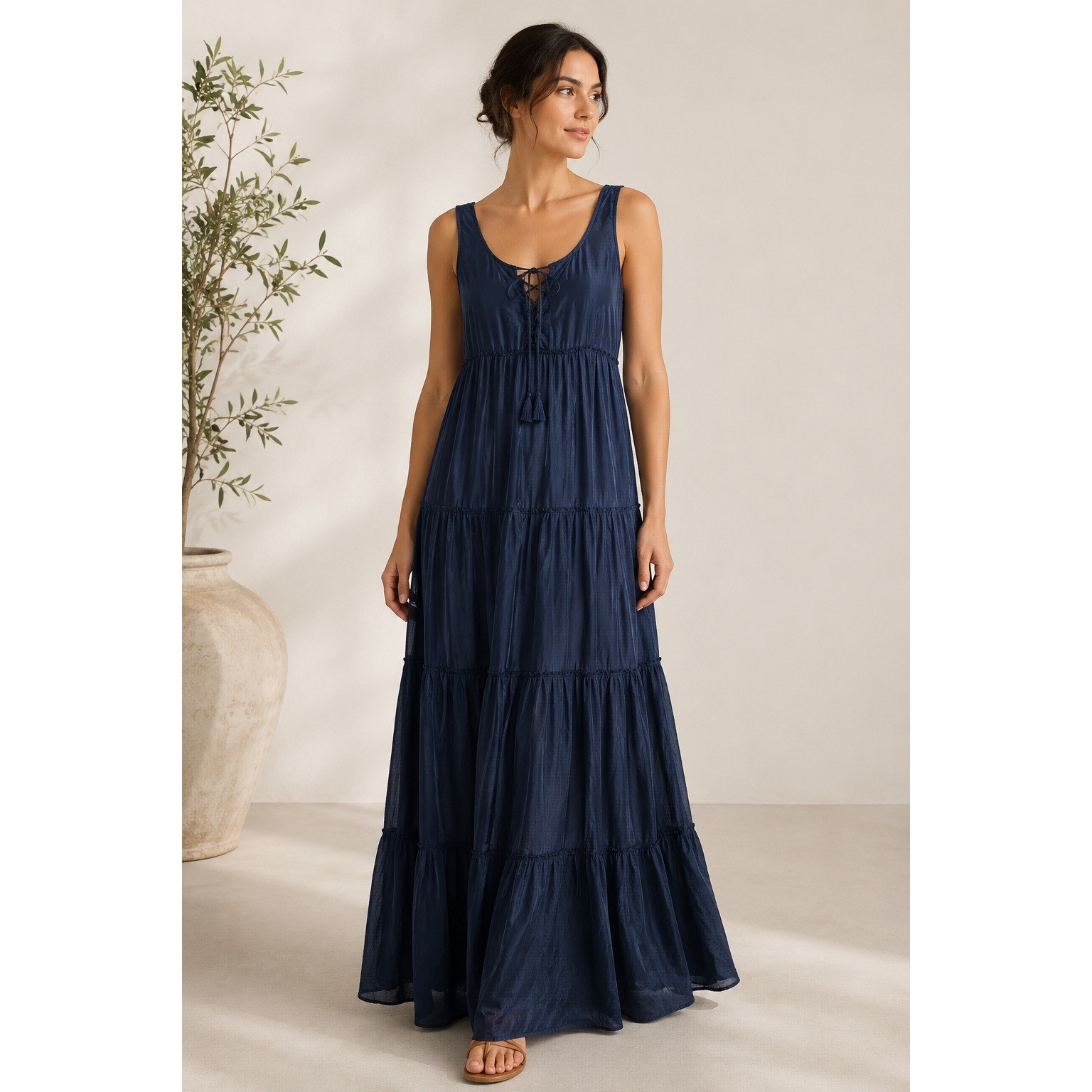 Calypso St. Barth Navy Blue 100% Silk Tiered Lace Up Maxi Dress XXS Boho Tassel