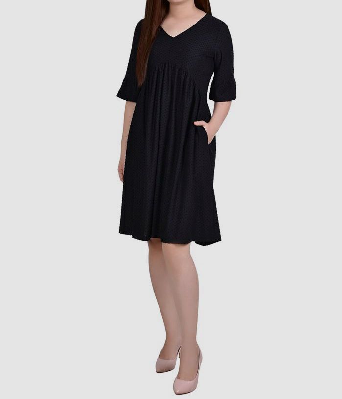 $52 NY Collection Women’s Black Swiss Dot Bell Sleeve Dress Petite Size PL