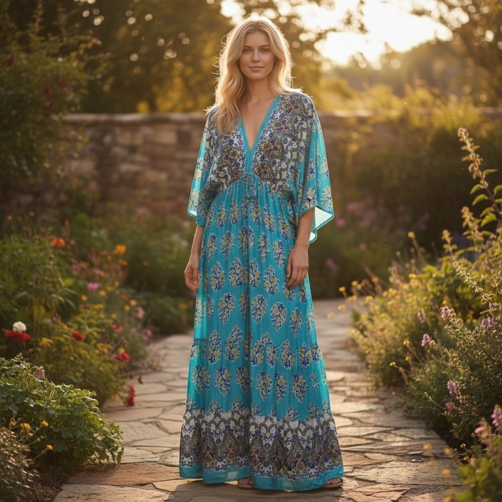 Women’s Free Size Turquoise Boho Maxi Dress V-Neck Tassel Tie Kimono Sleeve