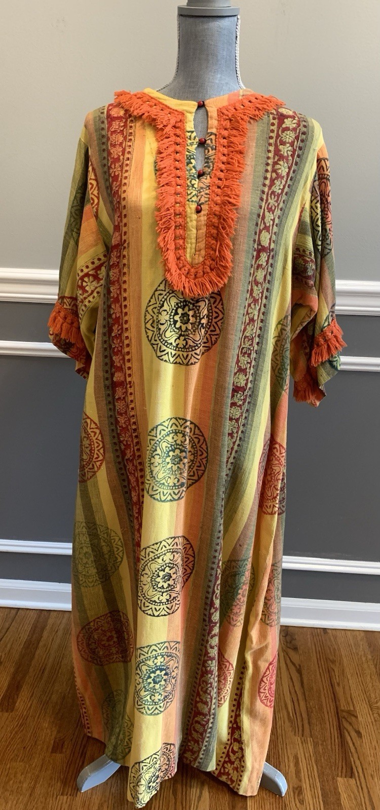 Vintage Dress Bohemian Tribal Print Maxi w/ Orange Fringe Trim Kaftan No Tags