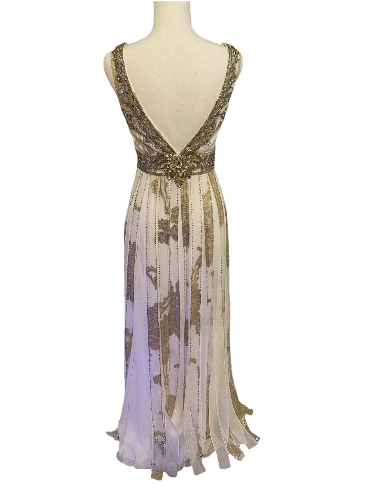 Sue Wong Nocturne White/Gold Beaded Sequin Fringe Bride Y2K Maxi Dress Gown 2