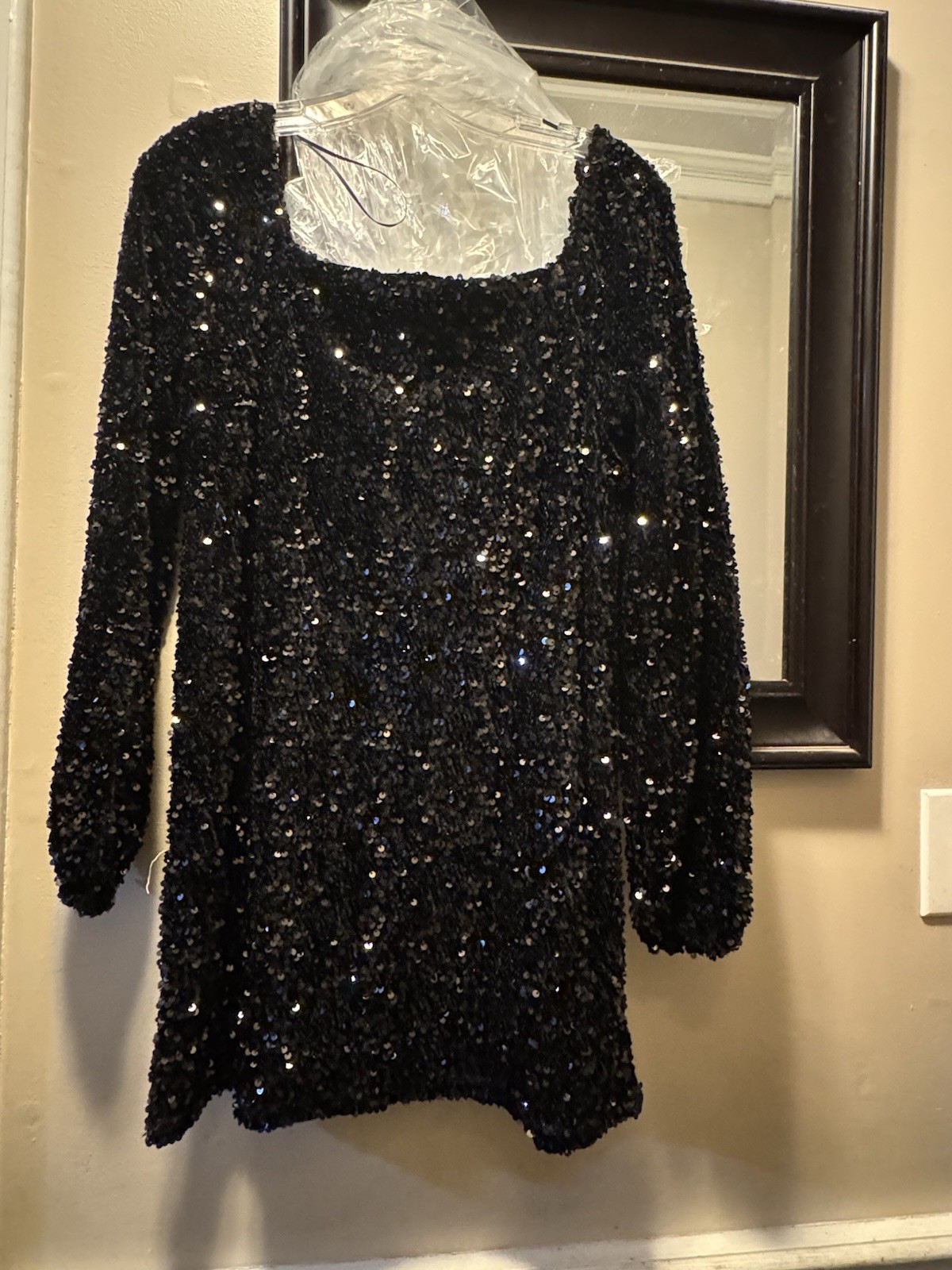 Boutique Womens Black Sequin Long Sleeve Square Neck Mini Dress Size M