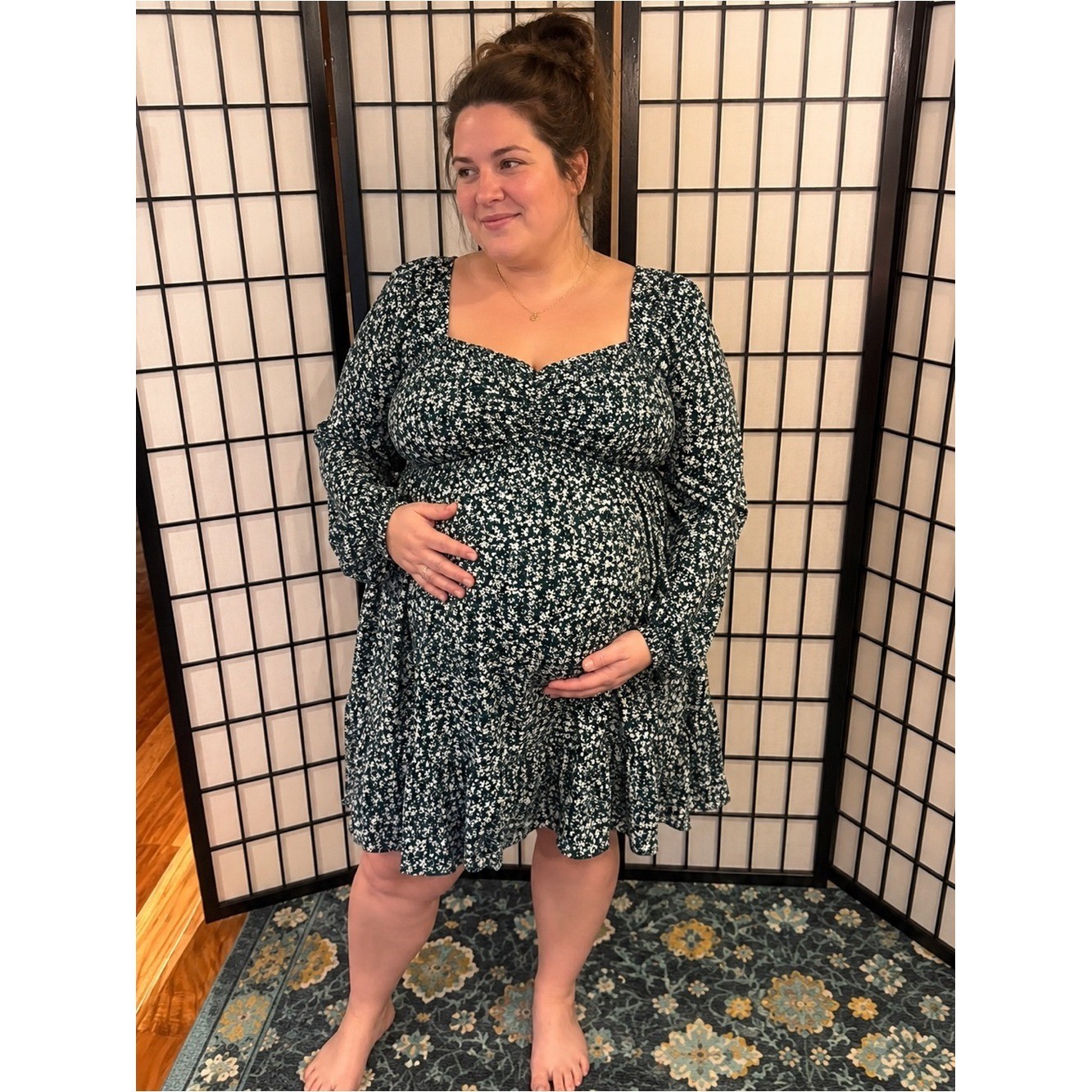 Floral Smocked Maternity Friendly Dress 2X Green White Cottagecore Boho